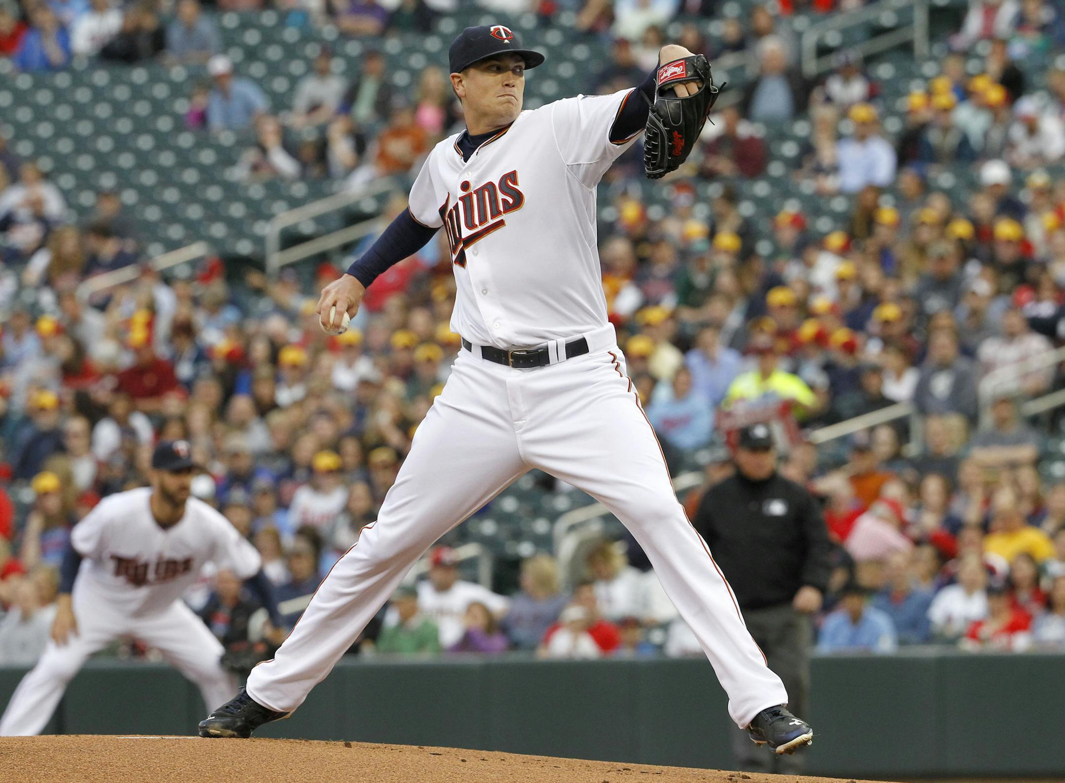 Minnesota Twins starting pitcher Kyle Gibson delivers to the Chicago White Sox during the first inning a baseball game in Minneapolis, Friday, May 1, 2015. (AP Photo/Ann Heisenfelt)
