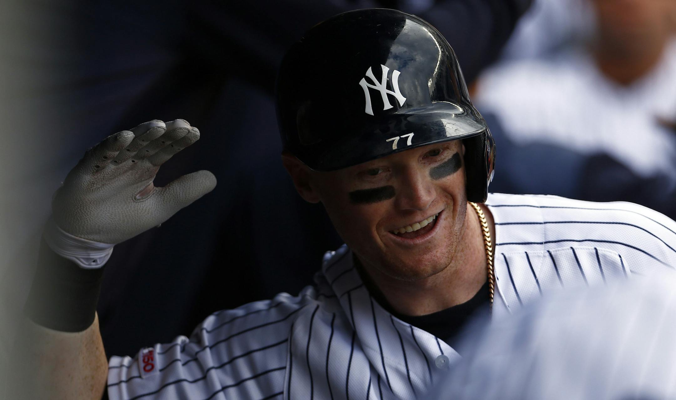New York Yankees' Clint Frazier celebrates his three-run home run during the fifth inning of a baseball game against the Kansas City Royals on Sunday, April 21, 2019, in New York. (AP Photo/Adam Hunger)