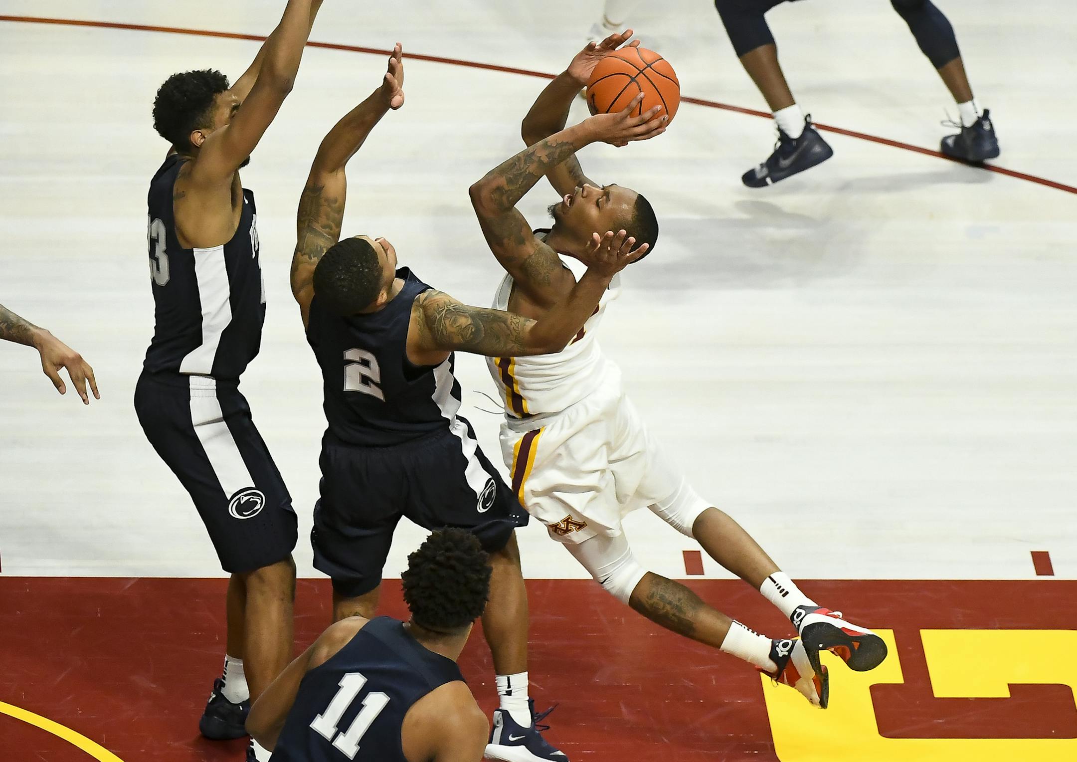 Minnesota Golden Gophers guard Dupree McBrayer (1) drew contact on a foul by Penn State Nittany Lions guard Myles Dread (2) with seconds left in the second half, sending McBrayer to the line where he would hit the game-winning free throw. ] Aaron Lavinsky &#xa5; aaron.lavinsky@startribune.com The University of Minnesota Golden Gophers men's basketball team played the Penn State University Nittany Lions on Saturday, Jan. 19, 2019 at Williams Arena in Minneapolis, Minn.