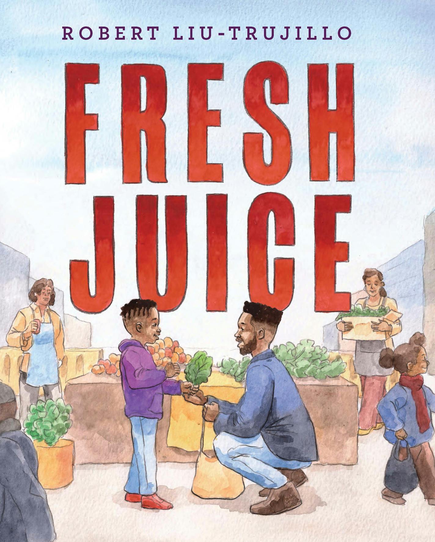 cover of "Fresh Juice" is an illustration with several people collecting vegetables