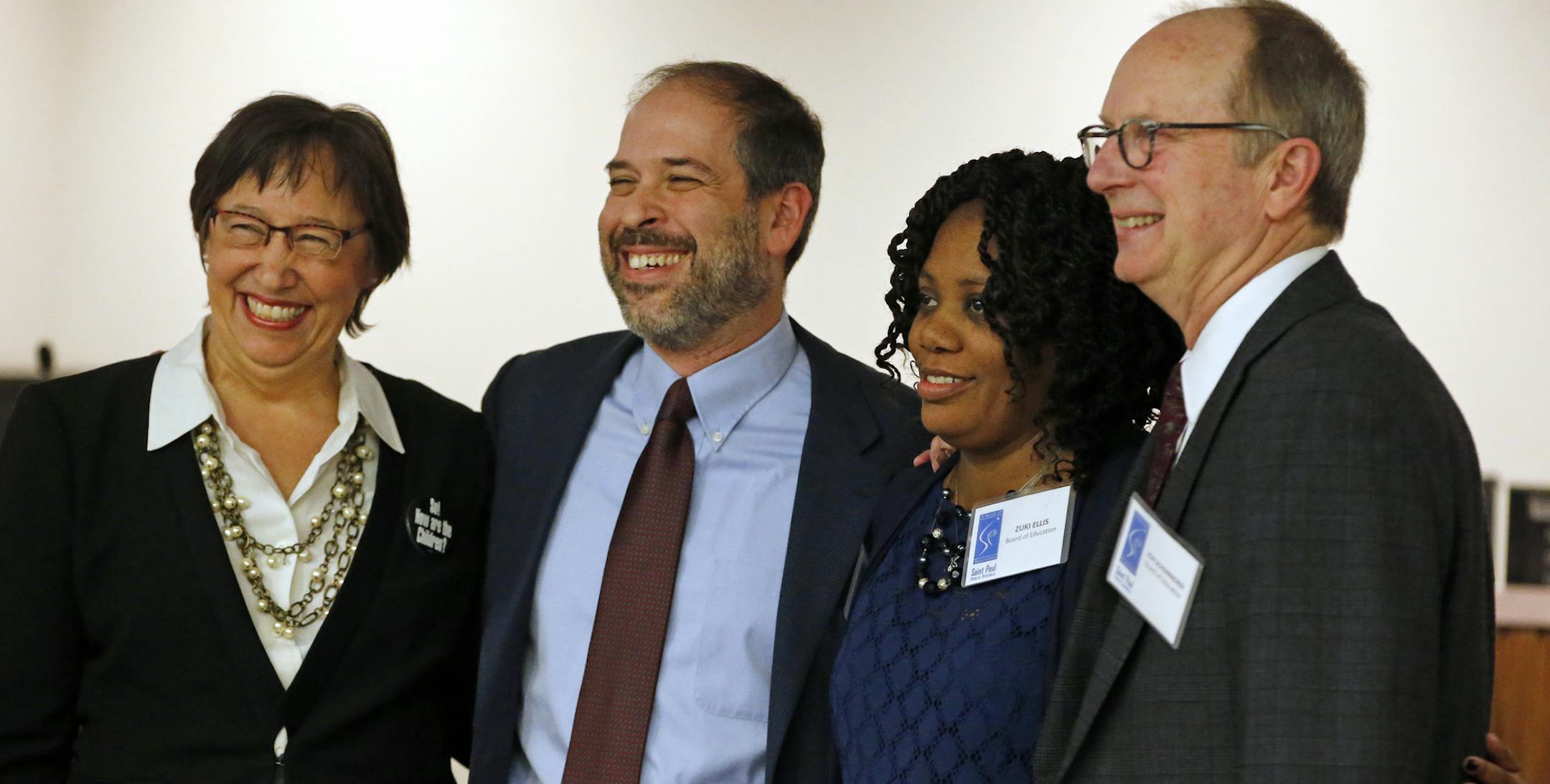 Left to right---Mary Vanderwert, Steve Marchese, Zuki Ellis, and Jon Schumacher, candidates who ran under a Caucus for Change banner critical of district leadership are sworn in as a new St. Paul School Board majority.] Richard Tsong-Taatarii/rtsong-taatarii@startribune.com