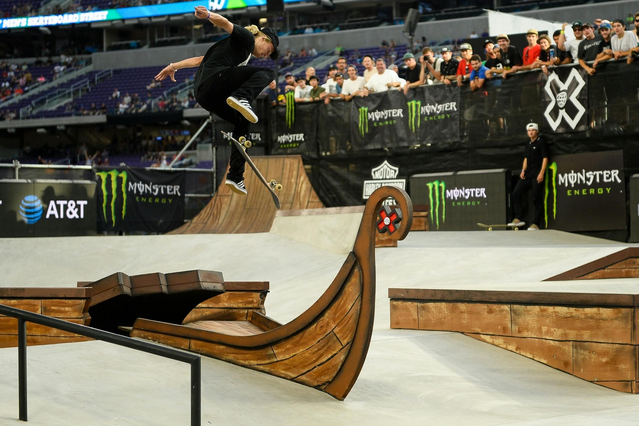 Alec Majerus was unsuccessful in his attempt to gap the sunken viking ship during his third run in the street finals Saturday.