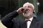 In this photo provided by the ICTY on Wednesday, Nov. 29, 2017, Slobodan Praljak brings a bottle to his lips, during a Yugoslav War Crimes Tribunal in