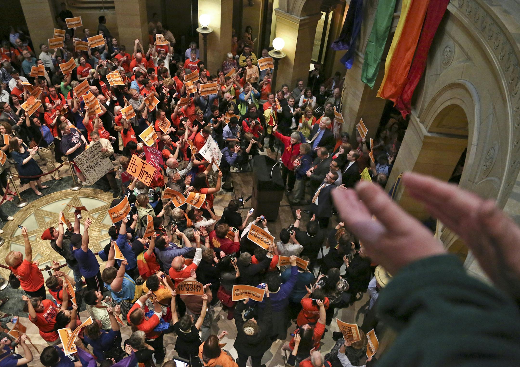To the cheers of supporters DFL Rep Karen Clark steps to the packed rotunda floor with her partner Jacquelyn Zita after the gay marriage bill passed the houseThursday, May 9, at the State Capitol in St. Paul, MN.](DAVID JOLES/STARTRIBUNE) djoles@startribune.com In a historic vote, a bipartisan coalition in the Minnesota House passed a measure that would legalize same-sex marriage in the state. The dramatic vote came after a passionate, hours-long debate that culminated when several Republican me
