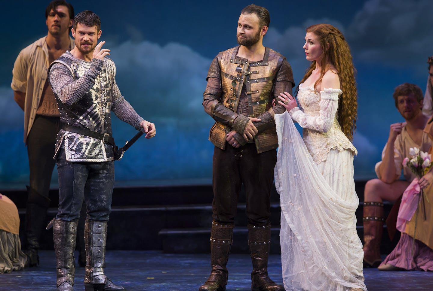 Tim Rogan as Lancelot, Adam Grabau as Arthur and Mary McNulty as Guenevere in "Camelot."