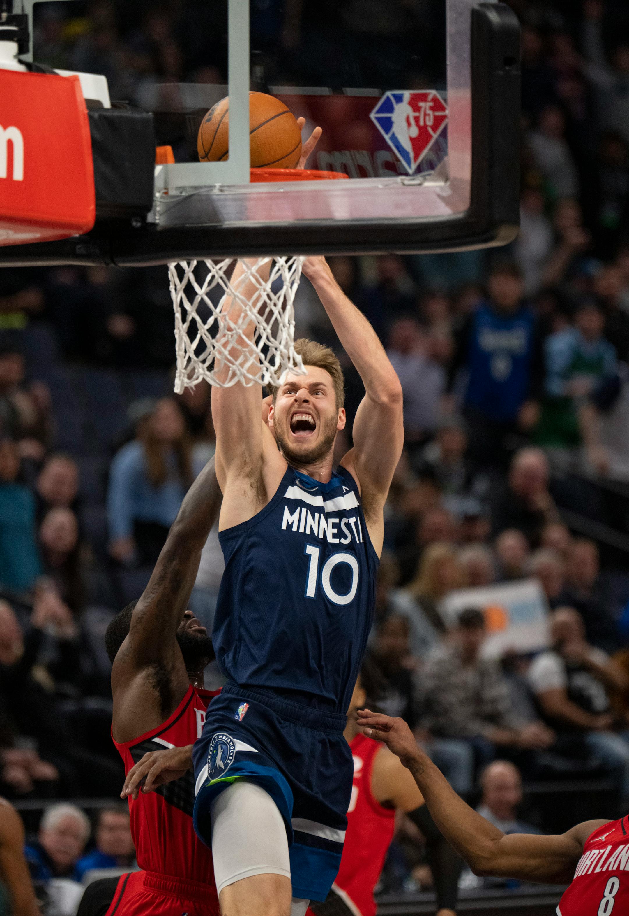 Minnesota Timberwolves forward Jake Layman (10) went up for a basket in the fourth quarter.