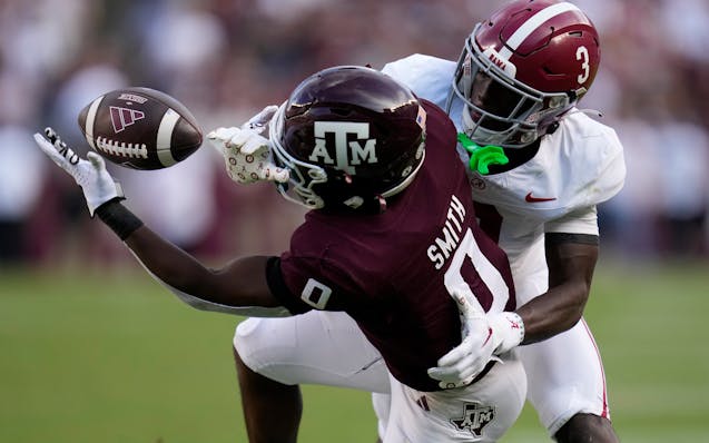 Alabama cornerback Terrion Arnold knocks down a pass intended for Texas A&M wide receiver Ainias Smith last October. Arnold is expected to be one of t