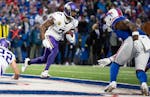 Vikings cornerback Patrick Peterson had two interceptions in the end zone Sunday against the Bills.