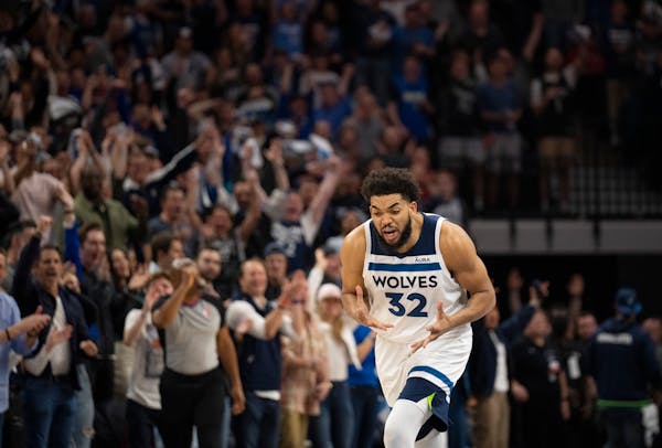 Minnesota Timberwolves center Karl-Anthony Towns reacted after missing a shot in the first quarter against the Grizzlies Saturday night, April 23, 202