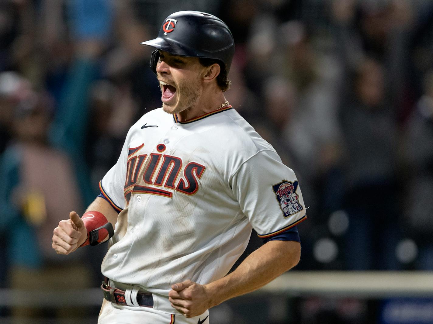 Max Kepler (26) of the Minnesota Twins celebrates after crossing the plate in the ninth inning Monday, May 23, at Target Field in Minneapolis, Minn. ] CARLOS GONZALEZ • carlos.gonzalez@startribune.com