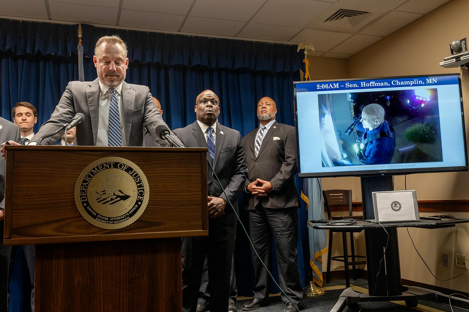 Acting U.S. Attorney Joe Thompson talks about the federal charges against Vance Boelter during a Monday news conference at the U.S. Courthouse in Minneapolis. 
