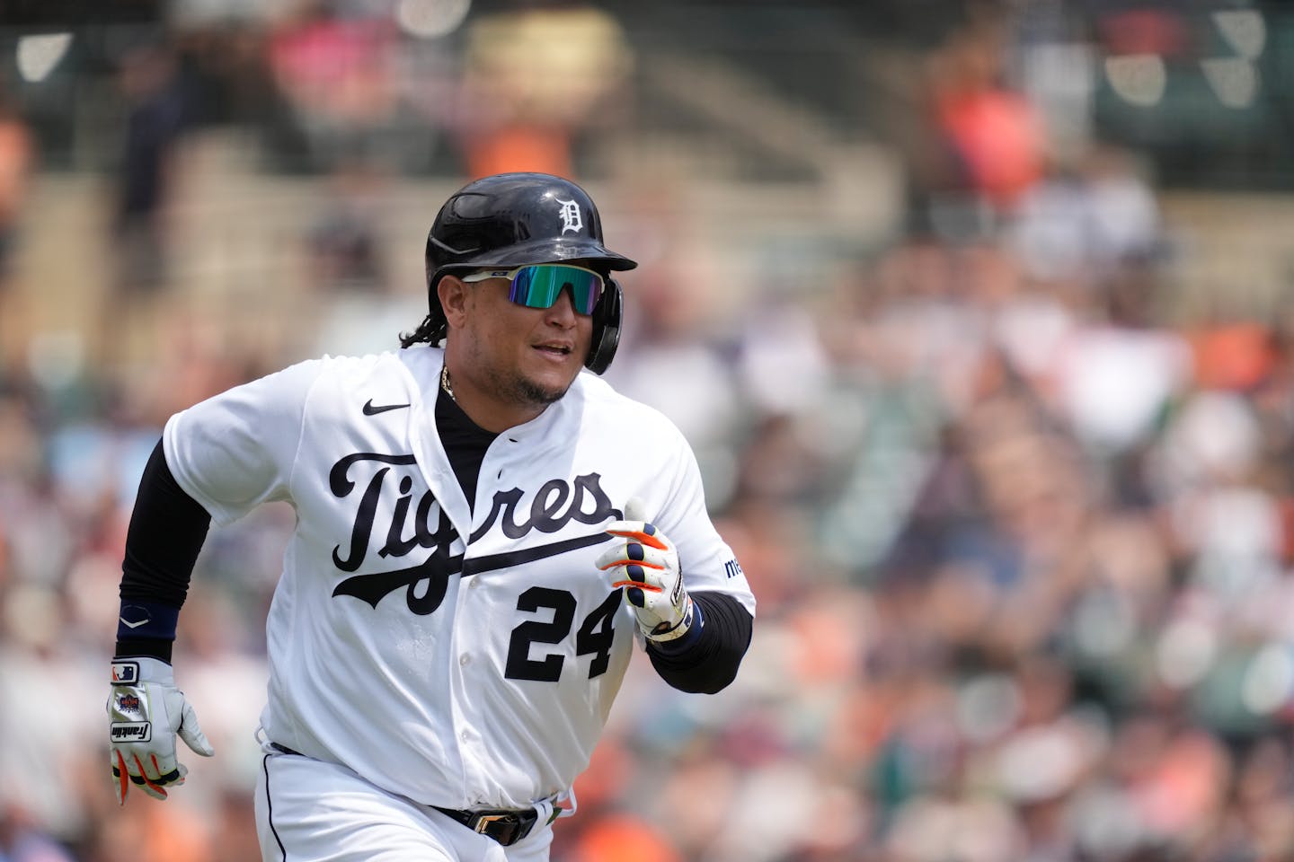 Detroit Tigers designated hitter Miguel Cabrera runs to first for a single during the second inning of a baseball game against the Tampa Bay Rays, Saturday, Aug. 5, 2023, in Detroit. (AP Photo/Carlos Osorio)