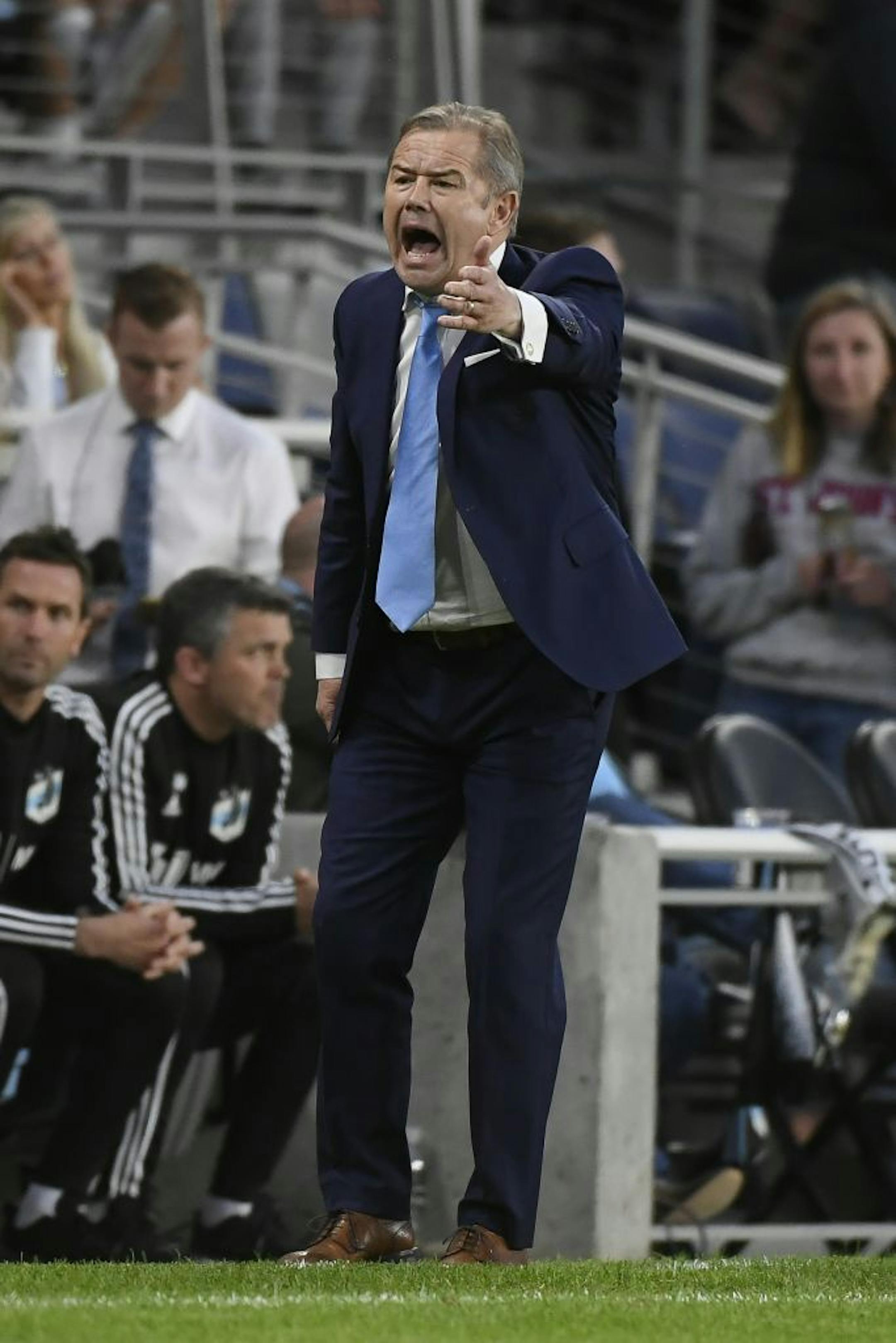 Minnesota United head coach Adrian Heath argued with an official in the second half.
