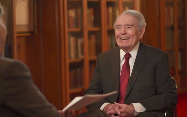 This photo provided by CBS News shows Dan Rather with CBS correspondent Lee Cowan during an interview on  “CBS Sunday Morning."