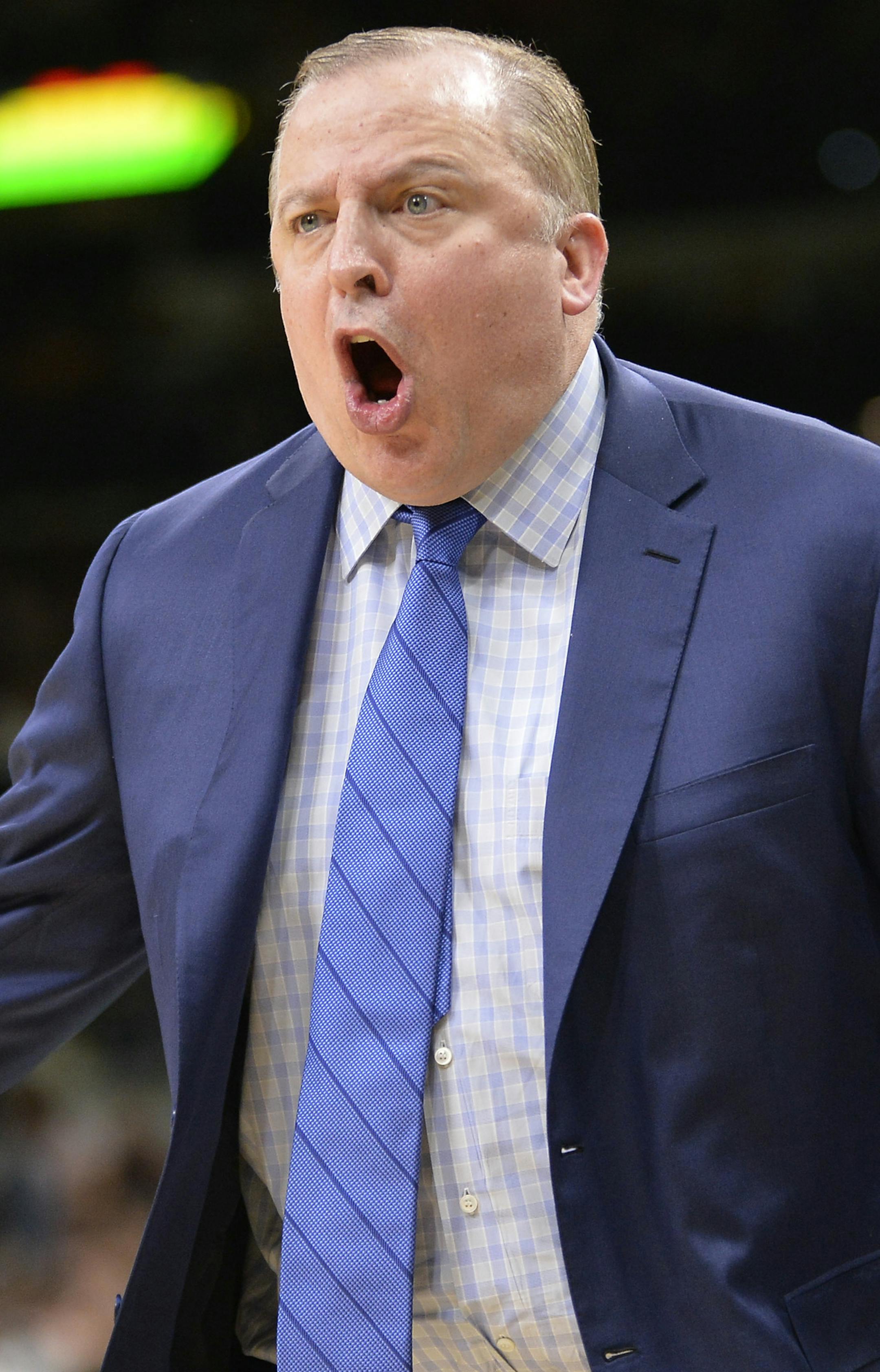 Minnesota Timberwolves coach Tom Thibodeau yells at a referee during the first half of the team's NBA basketball game against the San Antonio Spurs, Saturday, March 4, 2017, in San Antonio. (AP Photo/Darren Abate)