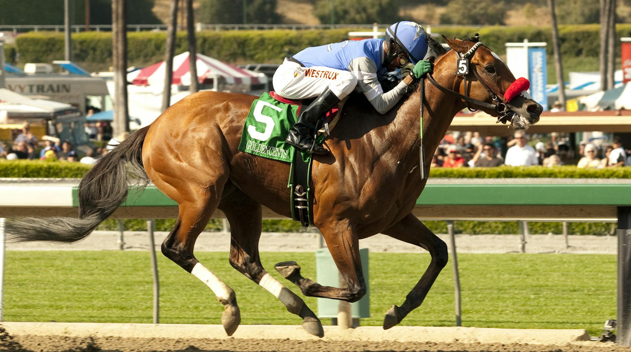 FILE - In this April 6, 2013 image provided by Benoit Photo, Goldencents, Kevin Krigger up, race to win the Grade I $750,000 Santa Anita Derby horse race at Santa Anita Park in Arcadia, Calif. Doug O'Neill is gearing up for a Kentucky Derby repeat. A year after winning the Derby with I'll Have Another, the trainer is going for another _ this time with Goldencents. (AP Photo/Benoit Photo, File) ORG XMIT: MIN2013043020141610
