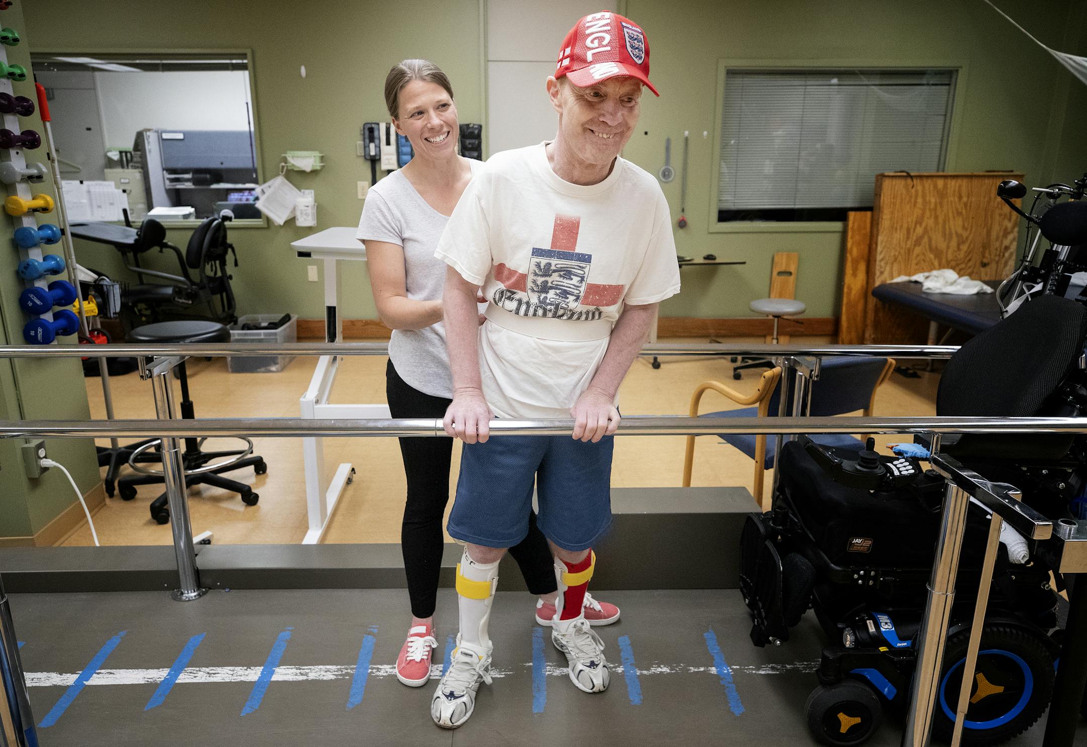 Physical therapist Kim Noha worked with Paul Nolan at Courage Kenny Rehabilitation Institute in Golden Valley. Nolan was one of the most popular jockeys at Canterbury Park. Now the Bloomington resident is learning to walk again after a serious racing accident last year in Oklahoma that damaged his spinal cord and left him paralyzed. ] CARLOS GONZALEZ ï cgonzalez@startribune.com ñ June 18, 2018, Golden Valley, MN, Courage Kenny Rehabilitation Institute, For many years, Paul Nolan was on