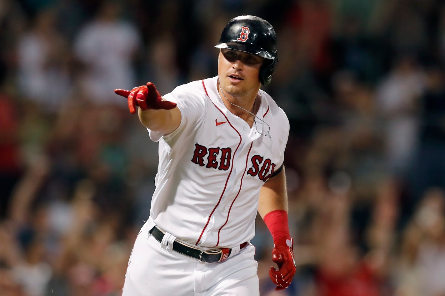 Boston Red Sox's Hunter Renfroe runs on his two-run home run during the fifth inning of a baseball game against the Minnesota Twins, Tuesday, Aug. 24, 2021, in Boston. (AP Photo/Michael Dwyer)