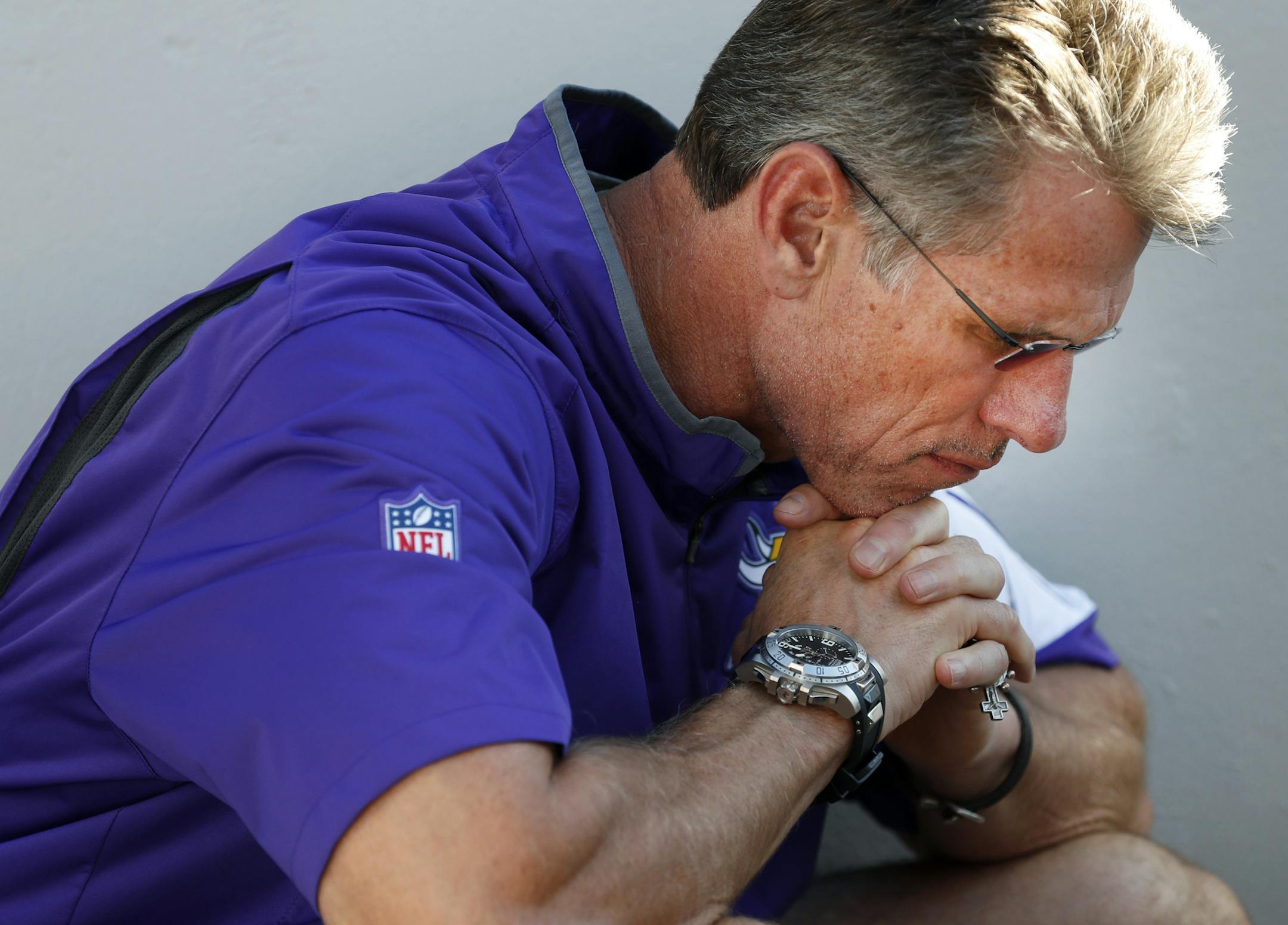 Minnesota Vikings General Manager Rick Spielman listened to head coach Mike Zimmer speak to the media during a press conference after the injury of quarterback Teddy Bridgewater. ] CARLOS GONZALEZ cgonzalez@startribune.com - August 30, 2016, Eden Prairie, MN, Winter Park, Press Conference after Teddy Bridgewater injury