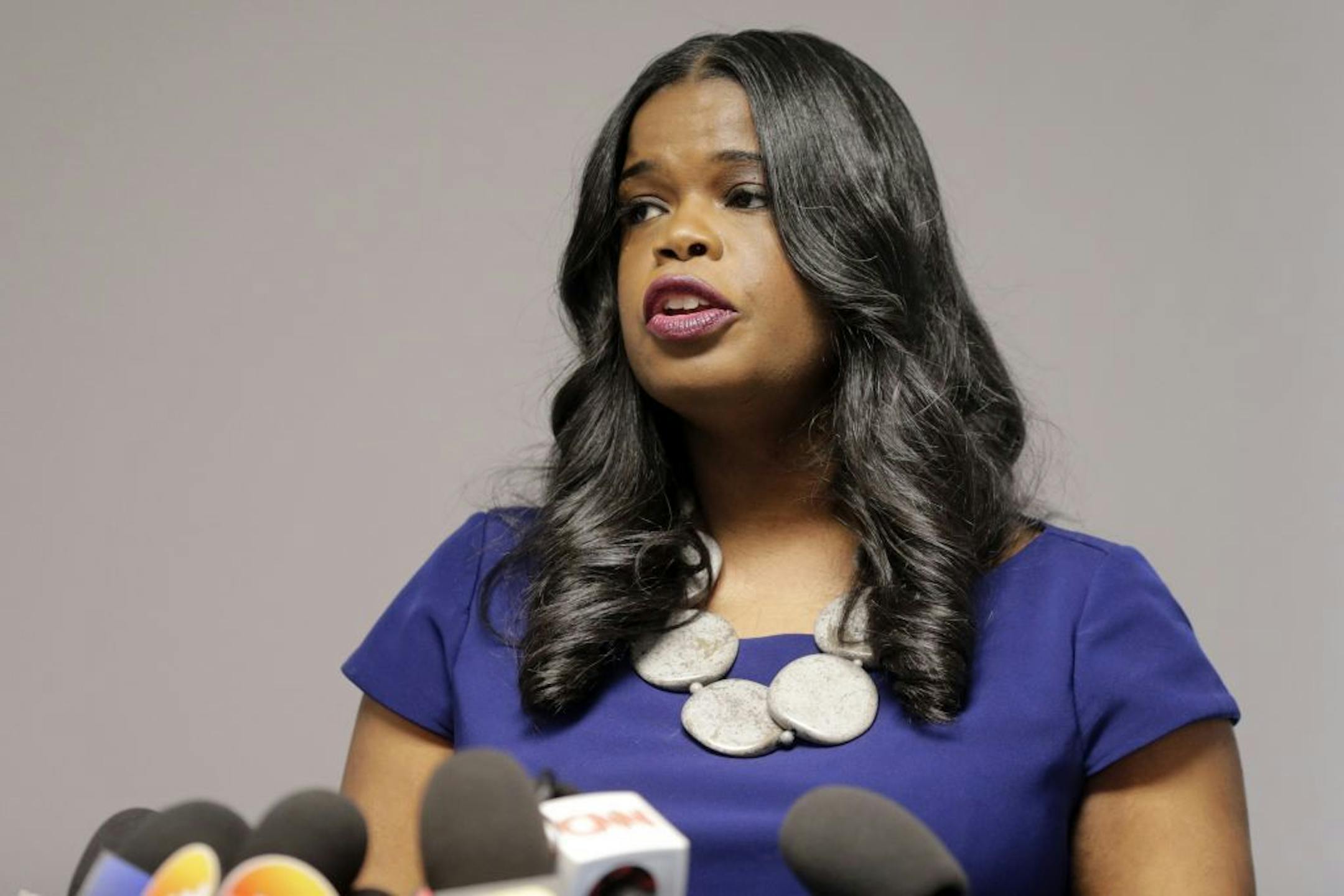 FILE - In this Feb. 22, 2019 file photo, Cook County State's Attorney Kim Foxx speaks at a news conference in Chicago. Foxx on Wednesday, March 27, 2019, defended the decision by her staff to drop charges that "Empire" actor Jussie Smollett staged a racist, anti-gay attack in January. Foxx recused herself before Smollett was charged last month because she had discussed the case with a Smollett family member.