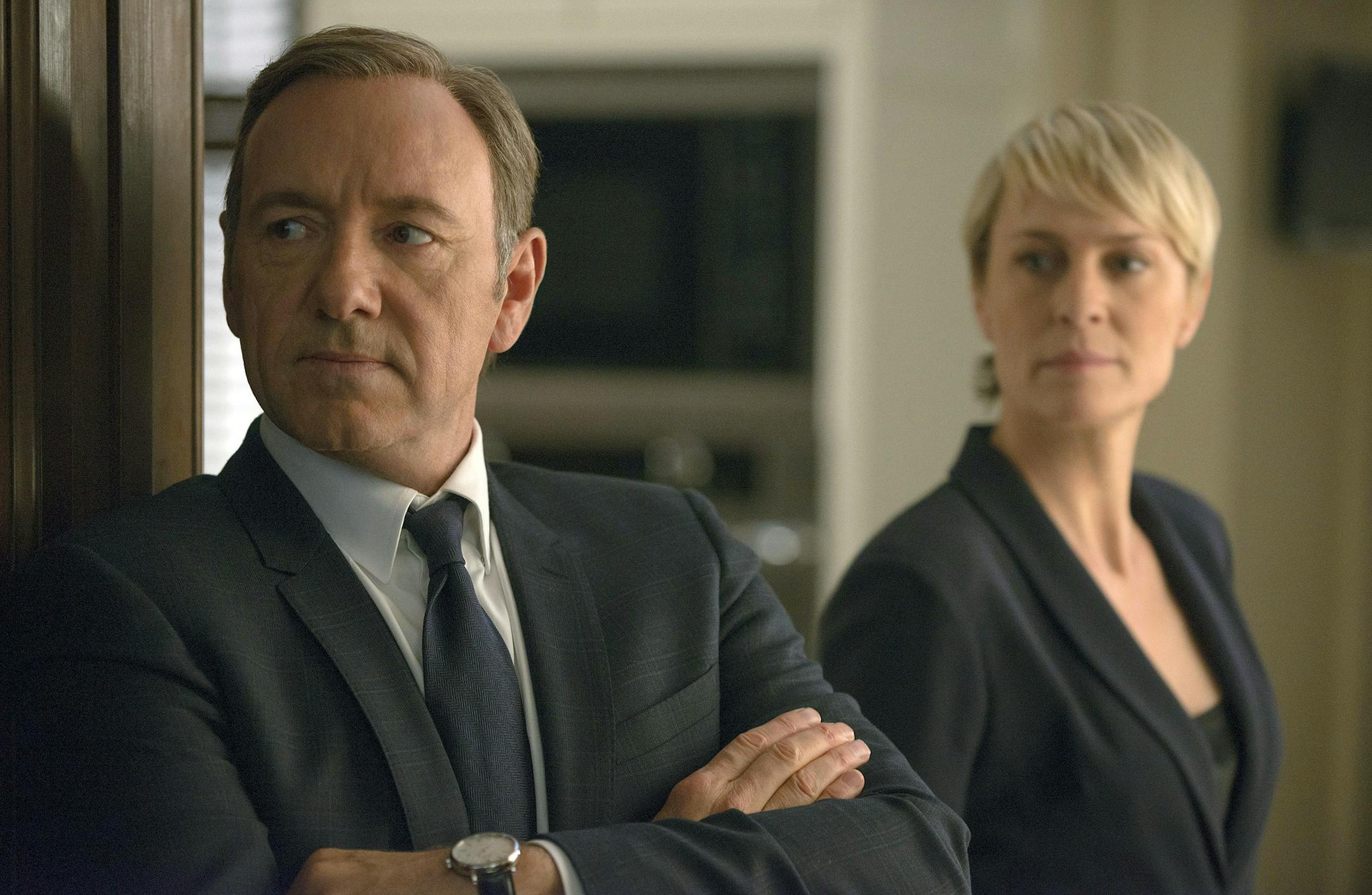 This image released by Netflix shows Kevin Spacey as Francis Underwood, left, and Robin Wright as Clair Underwood in a scene from "House of Cards." The second season of the popular original series premieres on Friday, Feb. 14, 2014 on Netflix. (AP Photo/Netflix, Nathaniel E. Bell)