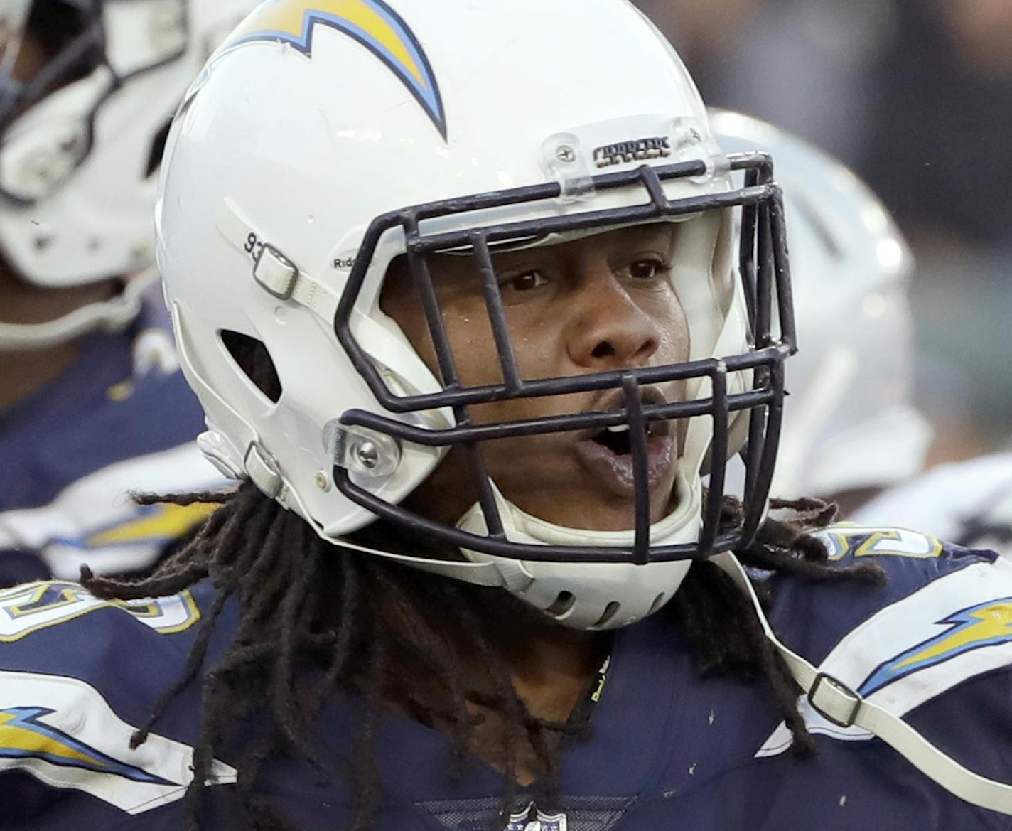 Los Angeles Chargers defensive end Darius Philon (93) celebrates stopping the Oakland Raiders on fourth-and-one yard during the second half of an NFL football game Sunday, Dec. 31, 2017, in Carson, Calif. (AP Photo/Alex Gallardo) ORG XMIT: OTKAG