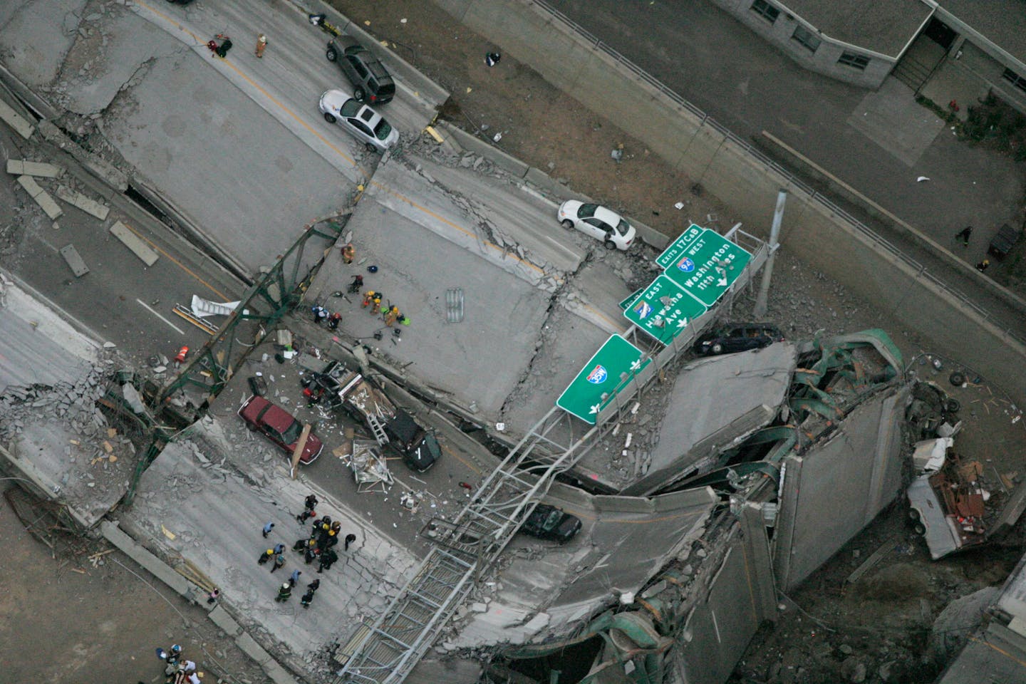 The eight-lane Interstate 35W bridge, a major Minneapolis, Minnesota artery, was in the midst of being repaired and two lanes in each direction were closed when the bridge buckled during evening rush hour Wednesday, August 1, 2007, sending dozens of cars plummeting more than 60 feet into the Mississippi River. (David Denney/Minneapolis Star Tribune/MCT)