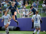 Minnesota Aurora midfielder Sophie French, left, went airborne for the ball on May 24 at TCO Stadium in Eagan.