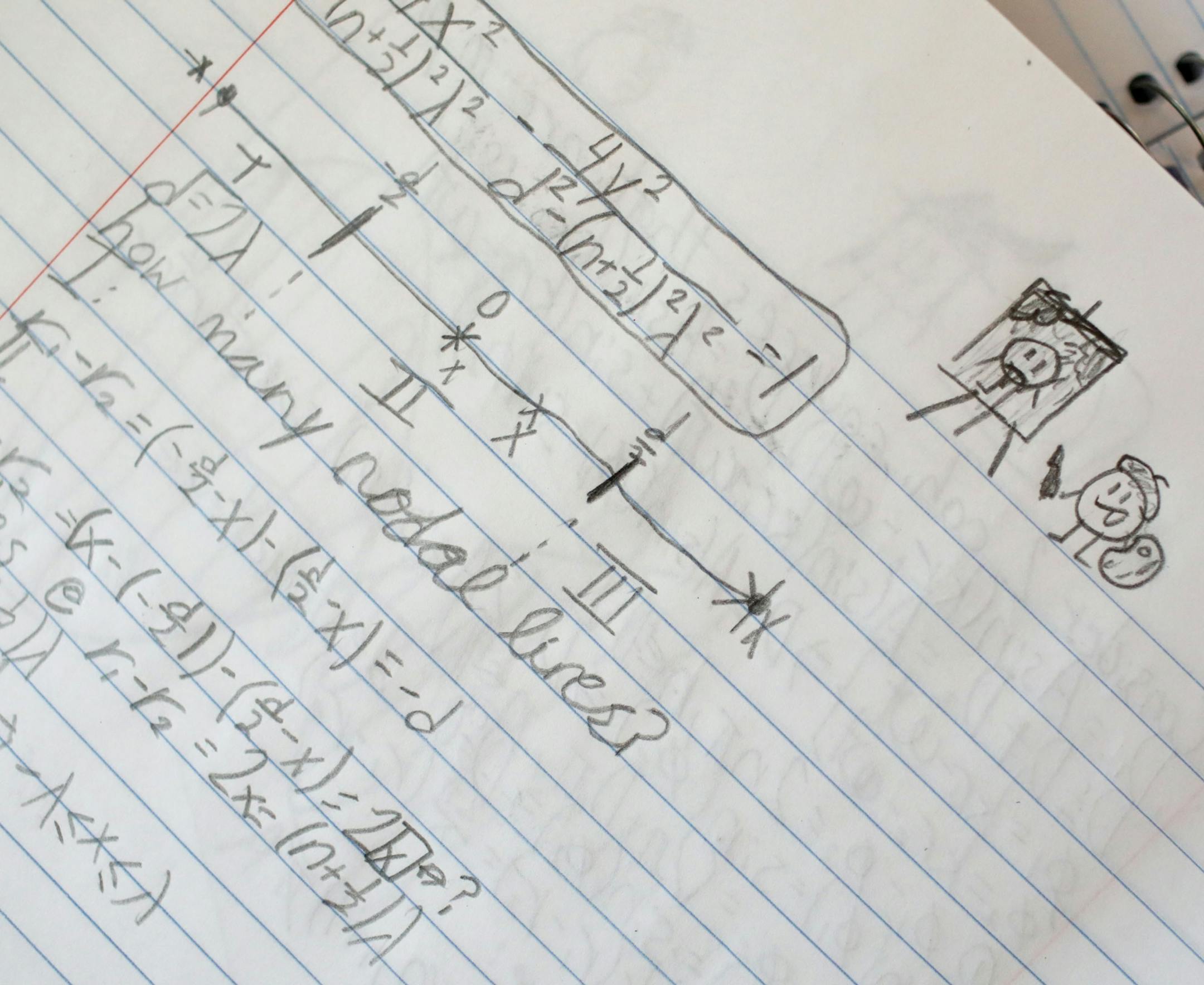 Elliott Tanner's class notes and doodling in a notebook.