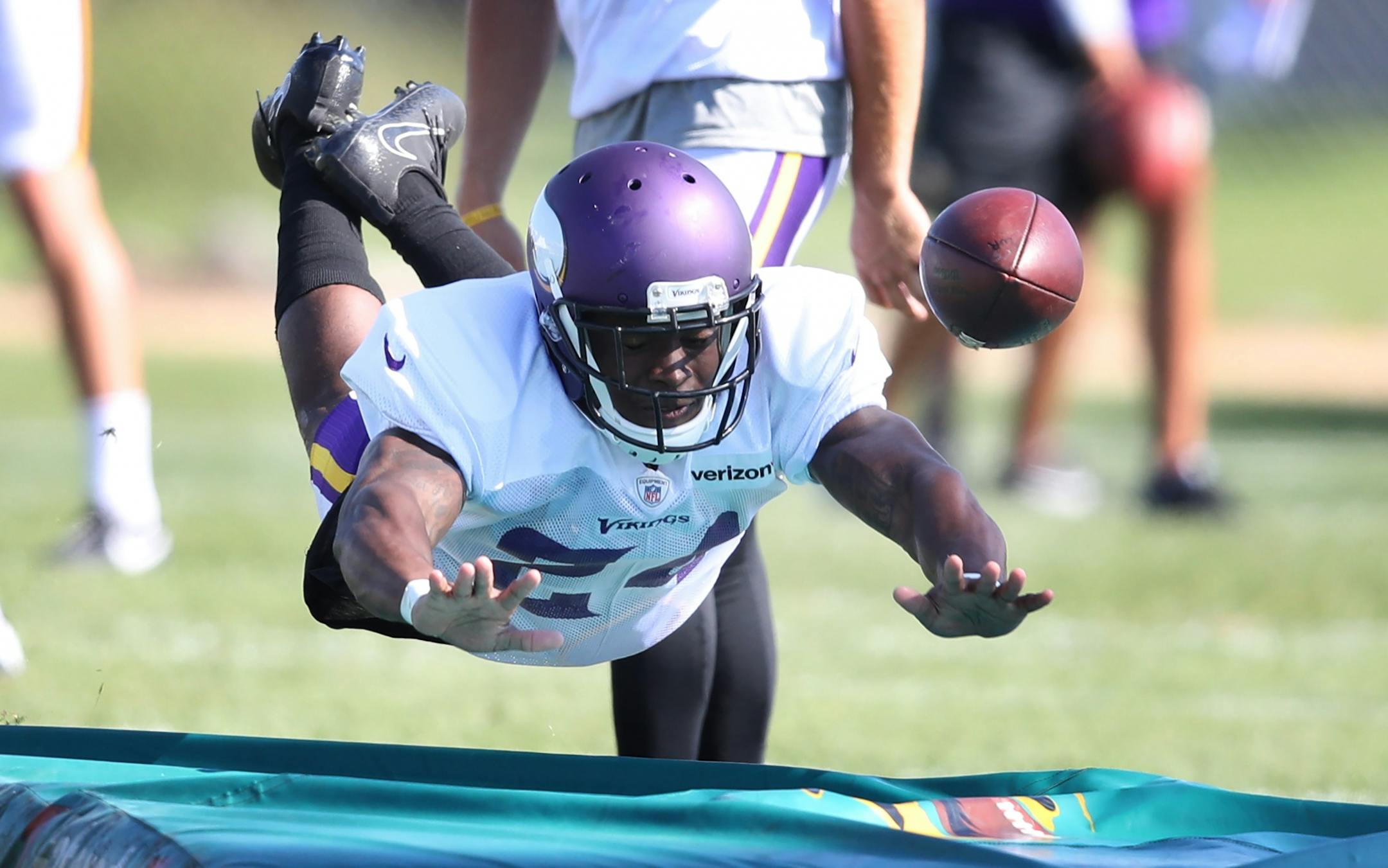 Minnesota Vikings cornerback Jabari Price (24) worked on field goal blocking drills during practice at Minnesota State University Mankato Saturday July 29, 2017 in Mankato , MN.
