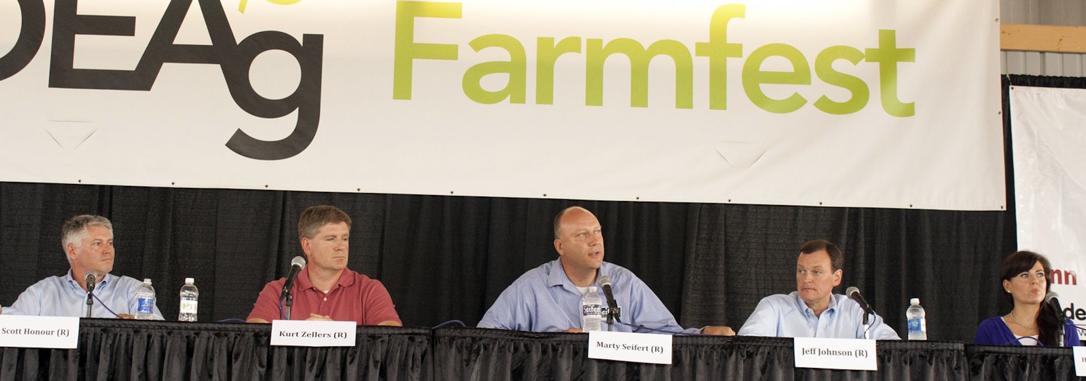 Gubernatorial candidates, from left, Republicans Scott Honour, Kurt Zellers, Marty Seifert, Jeff Johnson and Independence candidate Hannah Nicollet took part in a debate at Farmfest on Tuesday, Aug. 5, 2014 at Gilfillan Estates near Redwood Falls, Minn. (AP Photo/The Independent, Anna Haecherl-Smith)