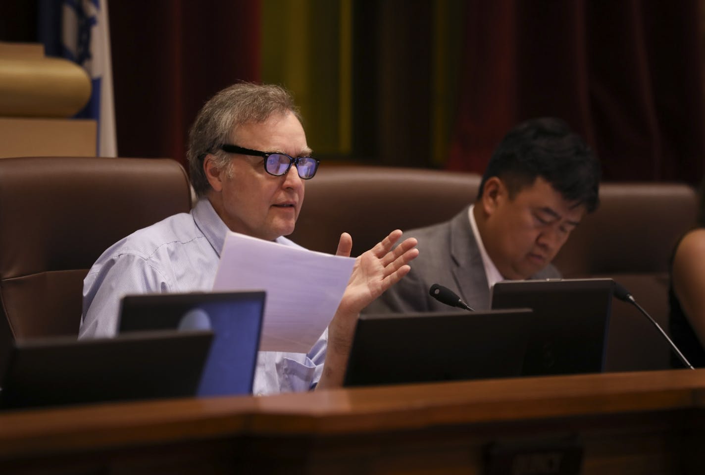 Council member Cam Gordon asking a question of the City of Minneapolis' Director of Internal Audit, Will Tetsell, during the committee meeting Wednesday afternoon.