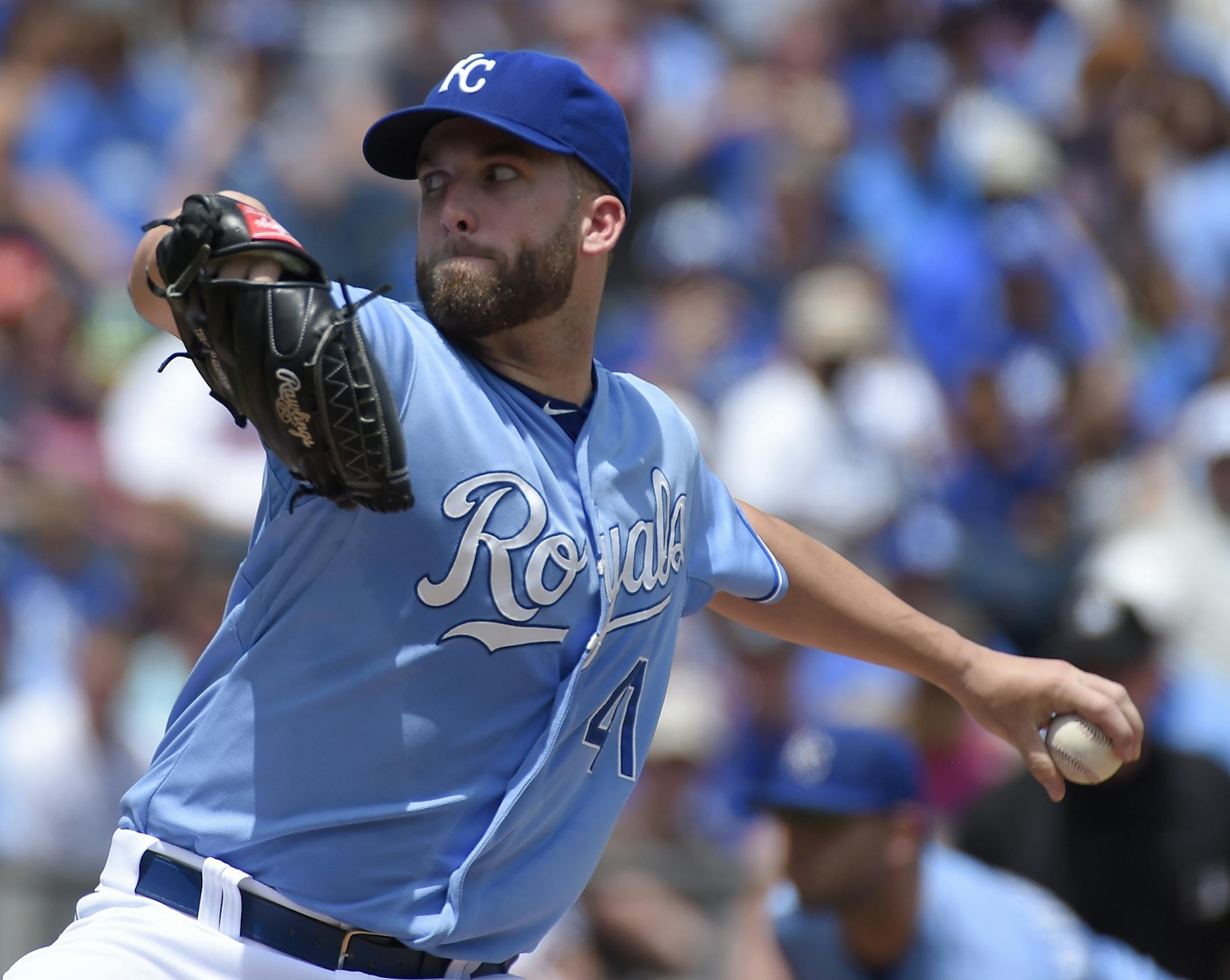 Kansas City Royals starting pitcher Danny Duffy (41) throws during the first inning on Sunday, July 5, 2015 at Kauffman Stadium in Kansas City, Mo.