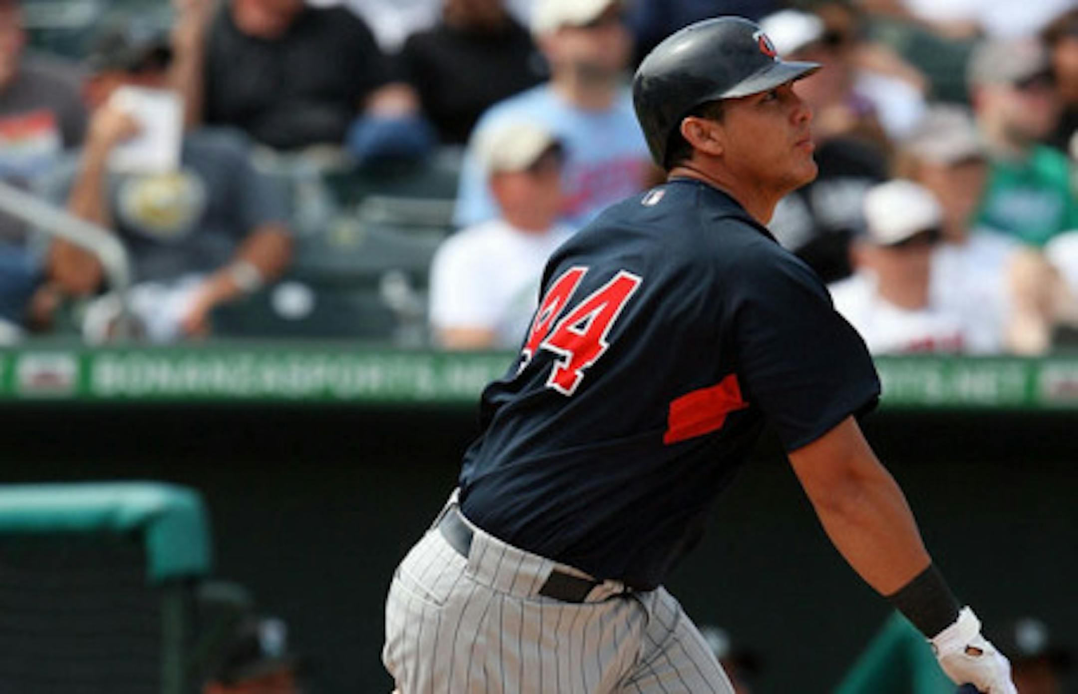 JUPITER, FL - MARCH 15:  Catcher Wilson Ramos #44 of the Minnesota Twins hits a double against the Florida Marlins at Roger Dean Stadium on March 15, 2010 in Jupiter, Florida. The Marlins defeated the Twins 5-4.  (Photo by Doug Benc/Getty Images)