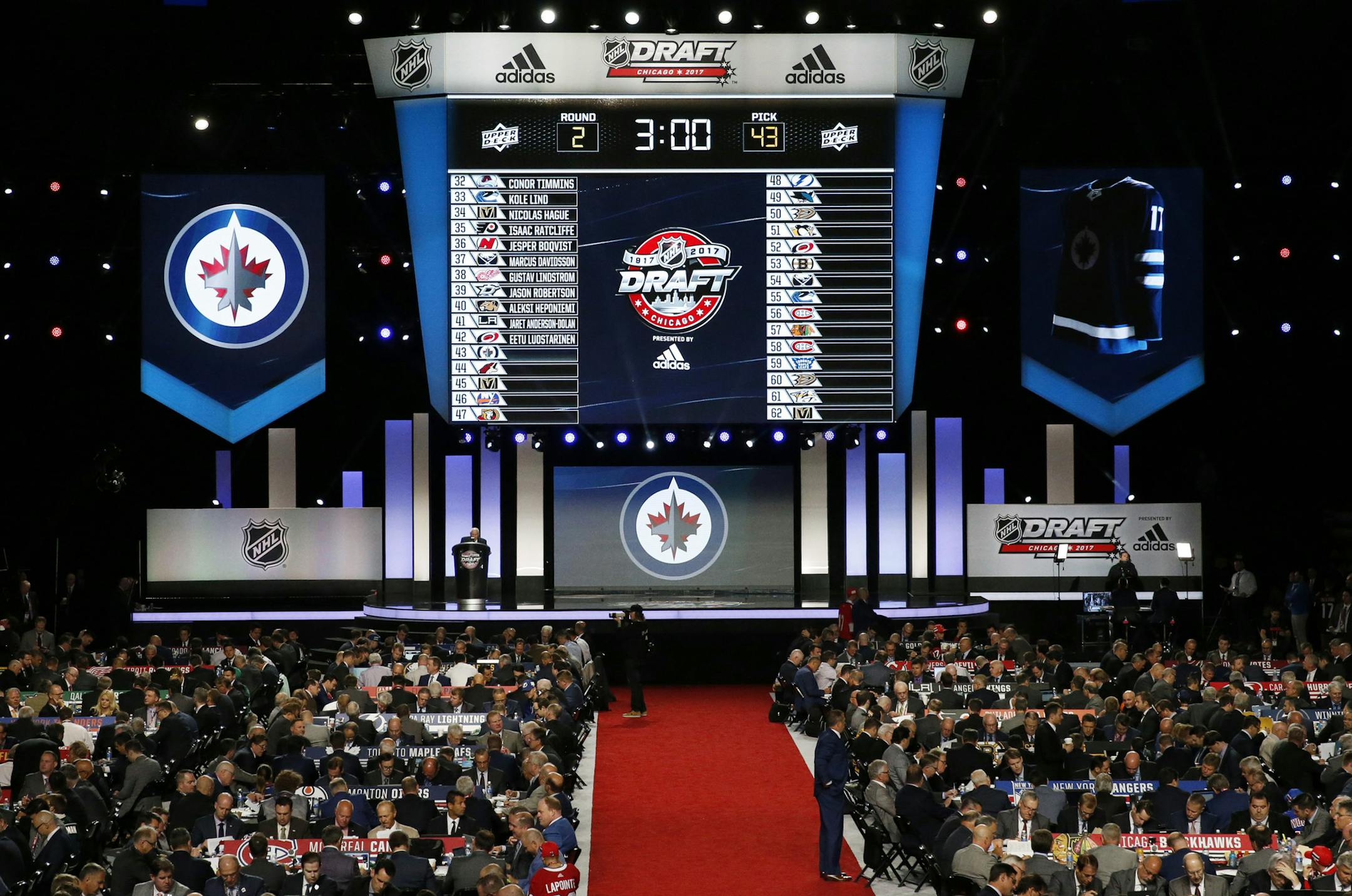 Winnipeg Jets representatives work on their second round select of the NHL hockey draft, Saturday, June 24, 2017, in Chicago. (AP Photo/Nam Y. Huh)