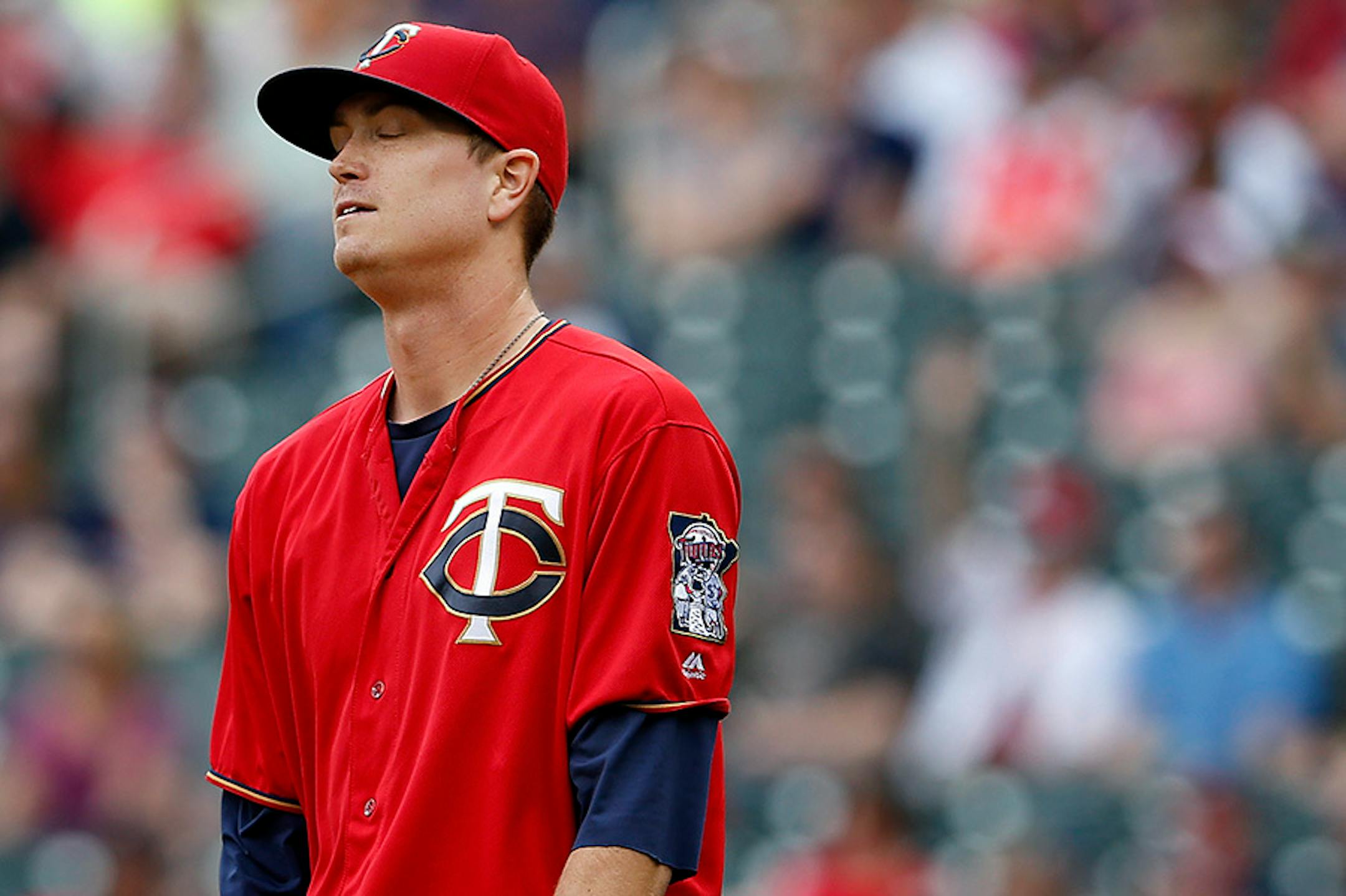 Twins starting pitcher Kyle Gibson reacted after giving up a home run to Albert Pujols in the first inning in April.