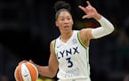 Minnesota Lynx forward-guard Aerial Powers dribbles the ball during a WNBA basketball game against the Seattle Storm, Friday, May 6, 2022, in Seattle.