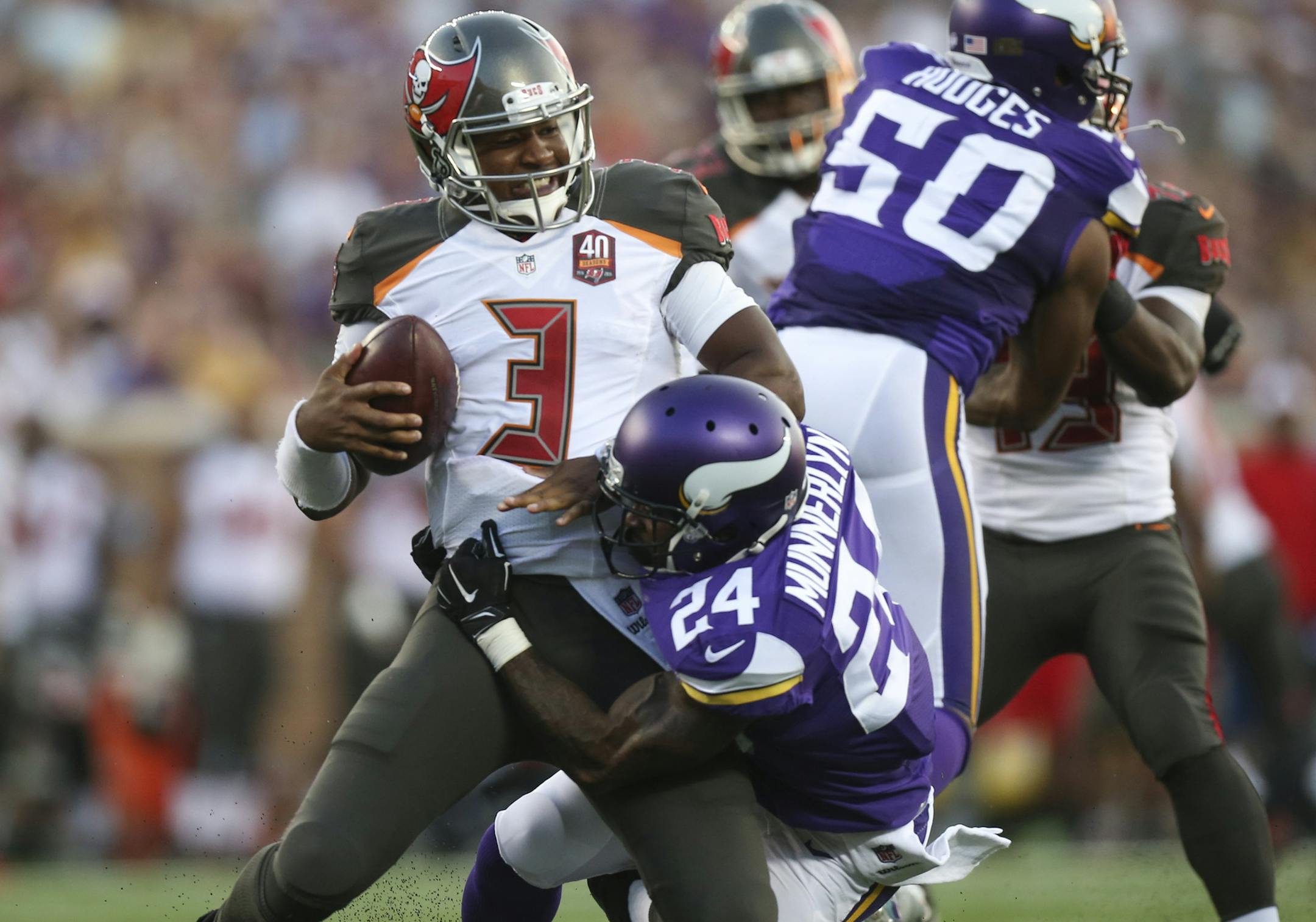 Buccaneers quarterback Jameis Winston was tackled by Vikings cornerback Captain Munnerlyn after he recovered a botched snap. The play lost 2 yards.