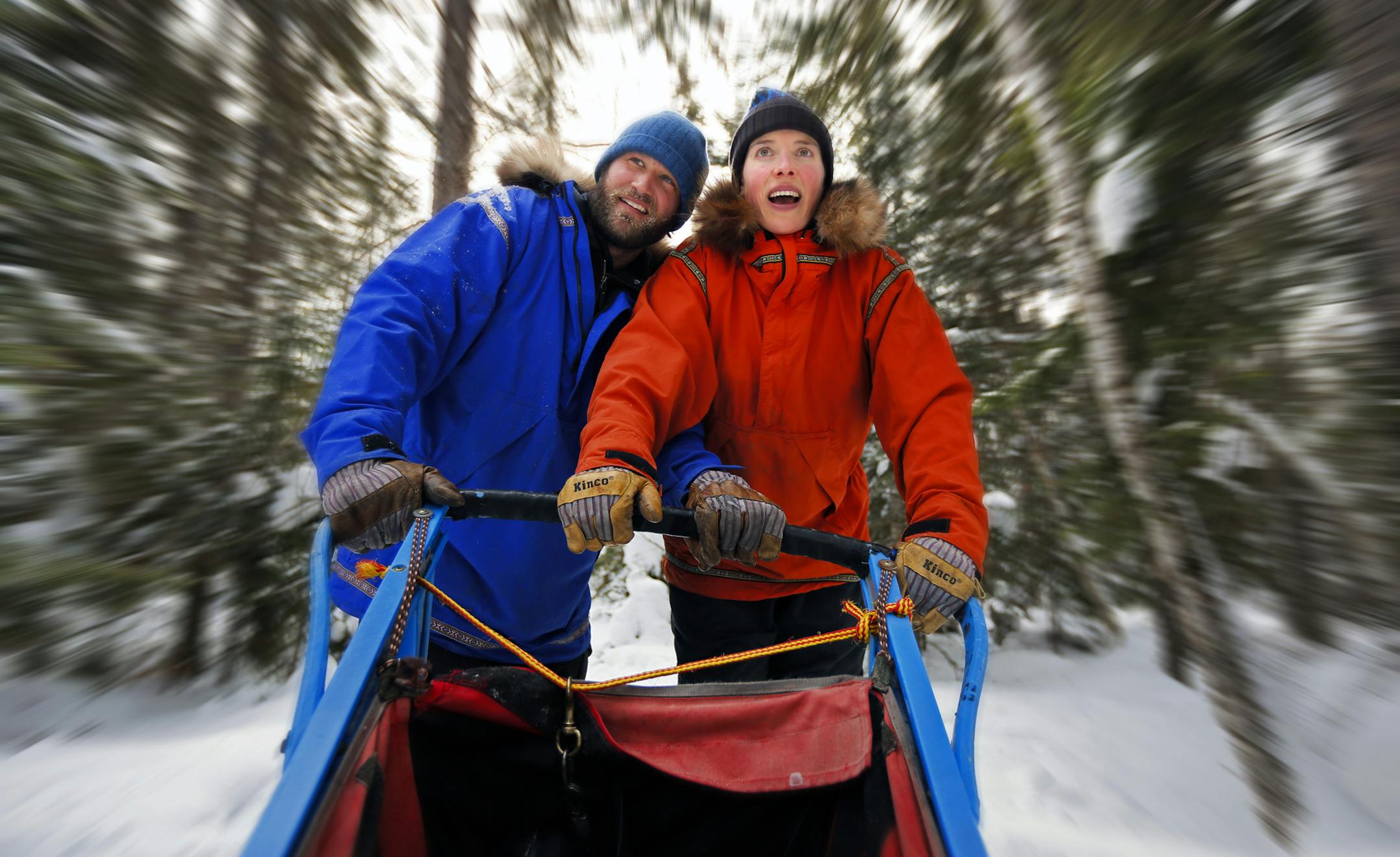 Adventure Educators Dave and Amy Freeman, a husband-and-wife adventurer team from Grand Marais, just won National Geographic's Adventurers of the Year. The couple paddled, dogsledded, and hiked 11,647 miles across North America while 85,000 students helped shape their course. This winter the couple has been running dog sled adventures from the Wintergreen Dogsled Lodge in Ely. ] BRIAN PETERSON ‚Ä¢ brianp@startribune.com Ely, MN 02/04/2014 ORG XMIT: MIN1402051530321720