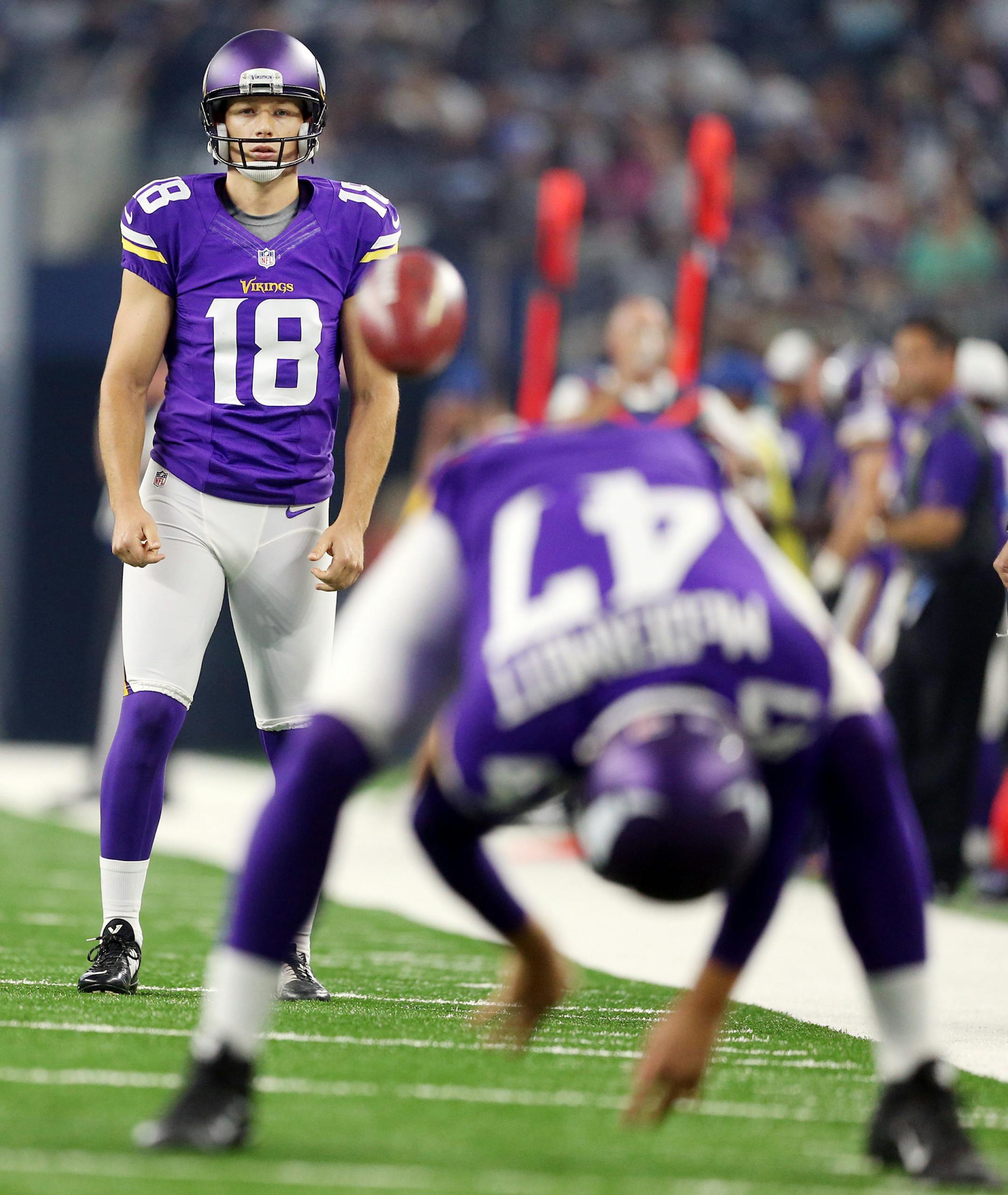 Minnesota Vikings punter Jeff Locke (18) received the ball from long snapper Kevin McDermott .The Dallas Cowboys played the Minnesota Vikings at AT&T Stadium Saturday August 29 2015 in Arlington, TX. ] Jerry Holt/ Jerry.Holt@Startribune.com