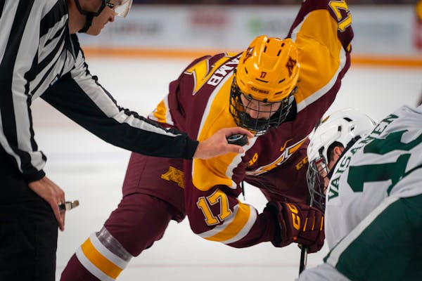 Gophers center Brody Lamb took a faceoff during last Sunday’s exhibition game against Bemidji State at 3M Arena at Mariucci.