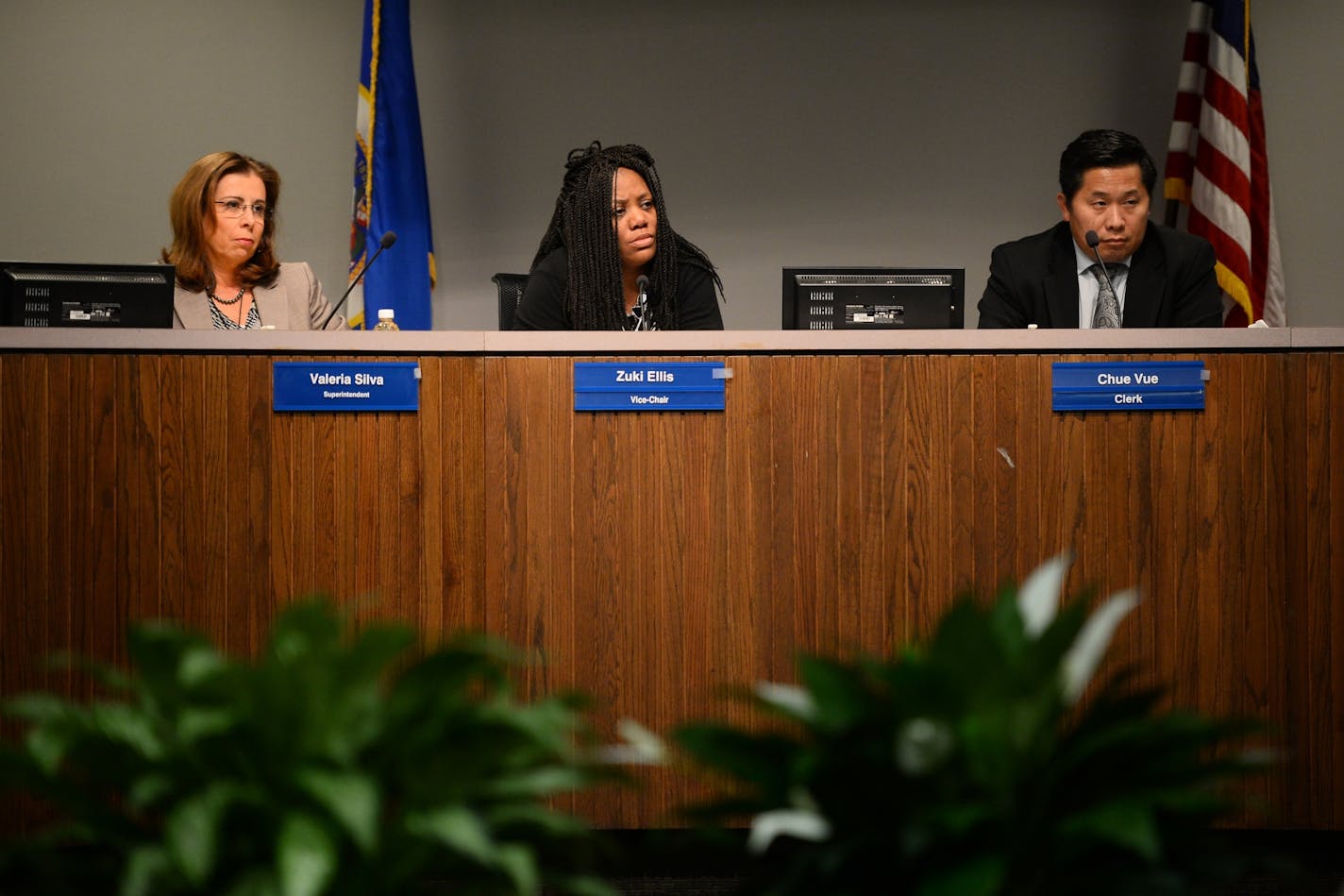 St. Paul School Board Superintendent Valeria Silva, vice-chair Zuki Ellis and Clerk Chue Vue listened to public comment during Tuesday night's St. Paul School Board meeting.