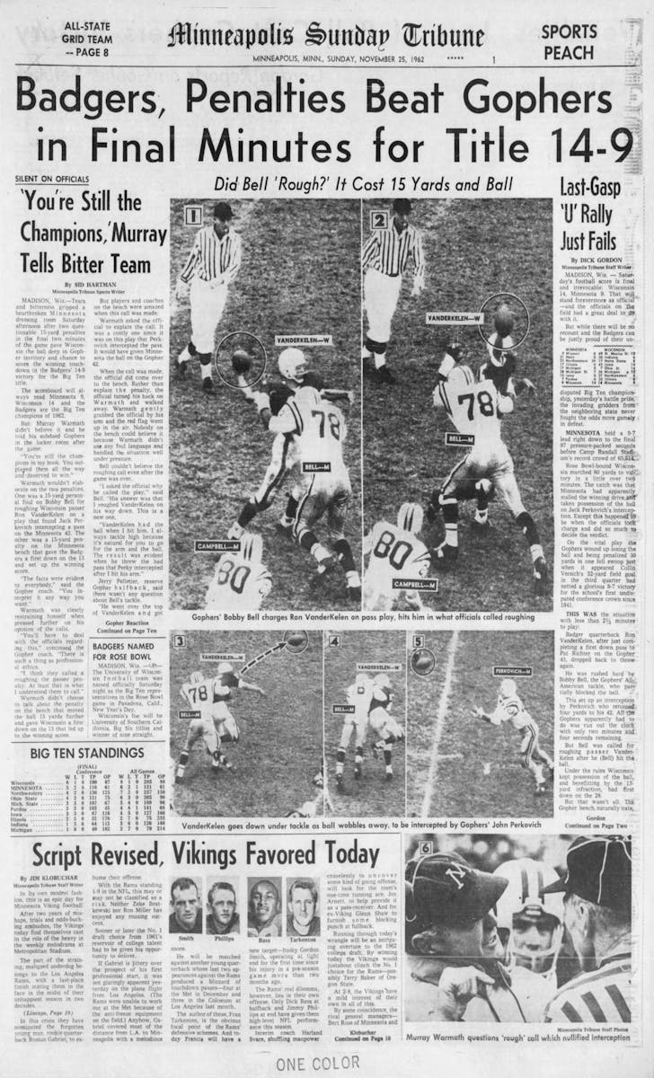 Sports front page (Peach Section) of the Minneapolis Sunday Tribune for Nov. 25, 1962. This image will accompany a Sid Hartman column that is publishi