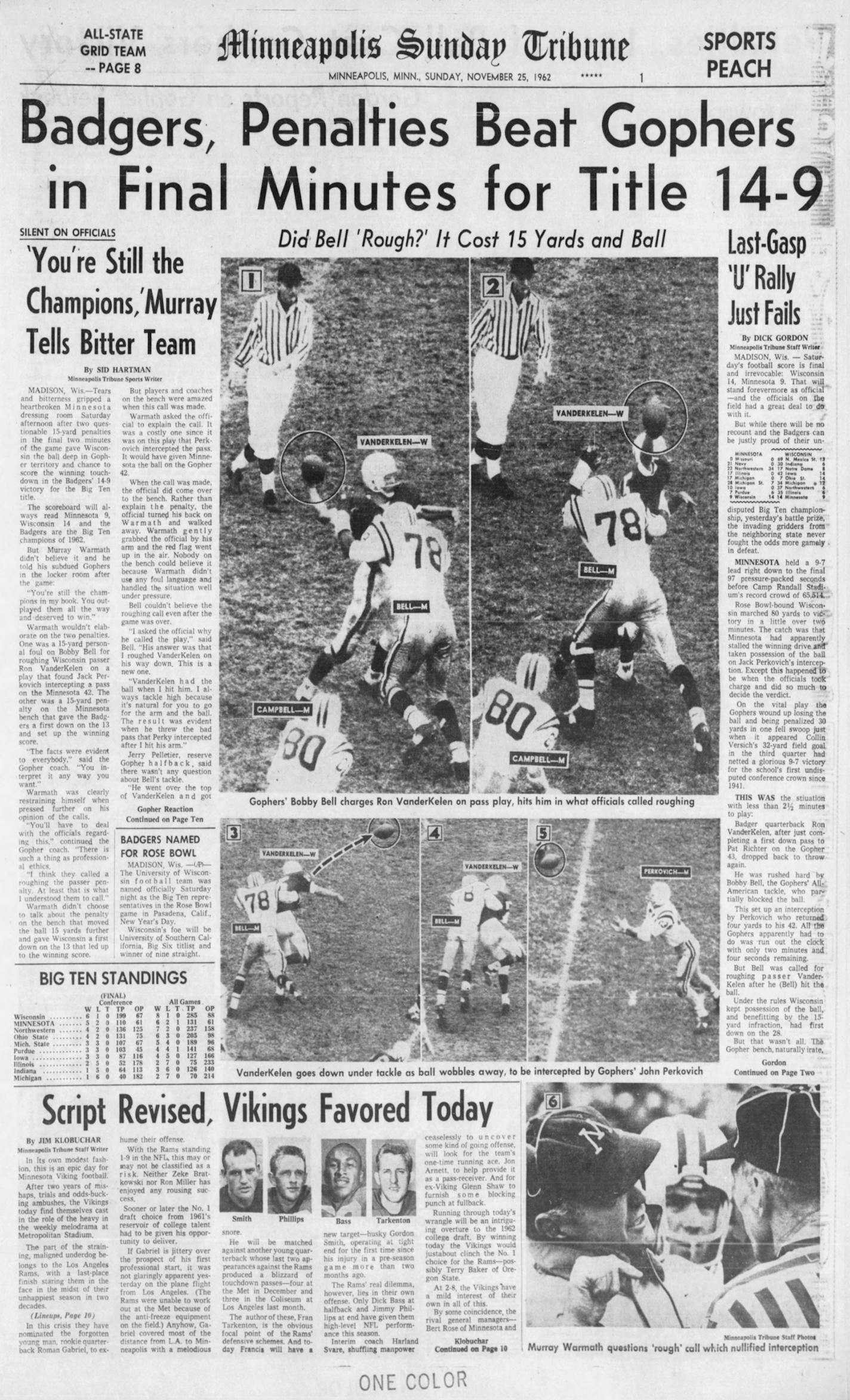 Sports front page (Peach Section) of the Minneapolis Sunday Tribune for Nov. 25, 1962. This image will accompany a Sid Hartman column that is publishing on Nov. 8, 2019. Source: newspapers.com