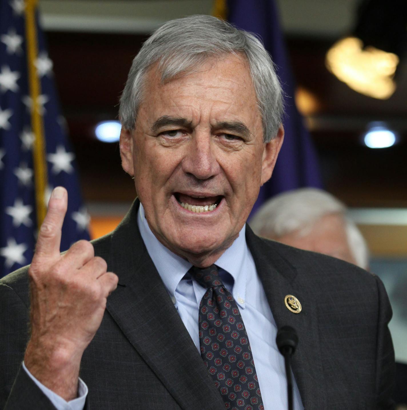 Rep. Rick Nolan, D-Minn., accompanied by fellow House Democrats, gestures during a news conference on Capitol Hill in Washington, Tuesday, June 16, 2016, to discuss opposition to the President Barack Obama's trade deal. Despite Obama's direct appeal, House Democrats voted overwhelmingly on Friday to reject a jobs retraining program because it was legislatively linked to fast track, which they want to kill. Both parties were asking Tuesday whether they could persuade enough colleagues to switch t