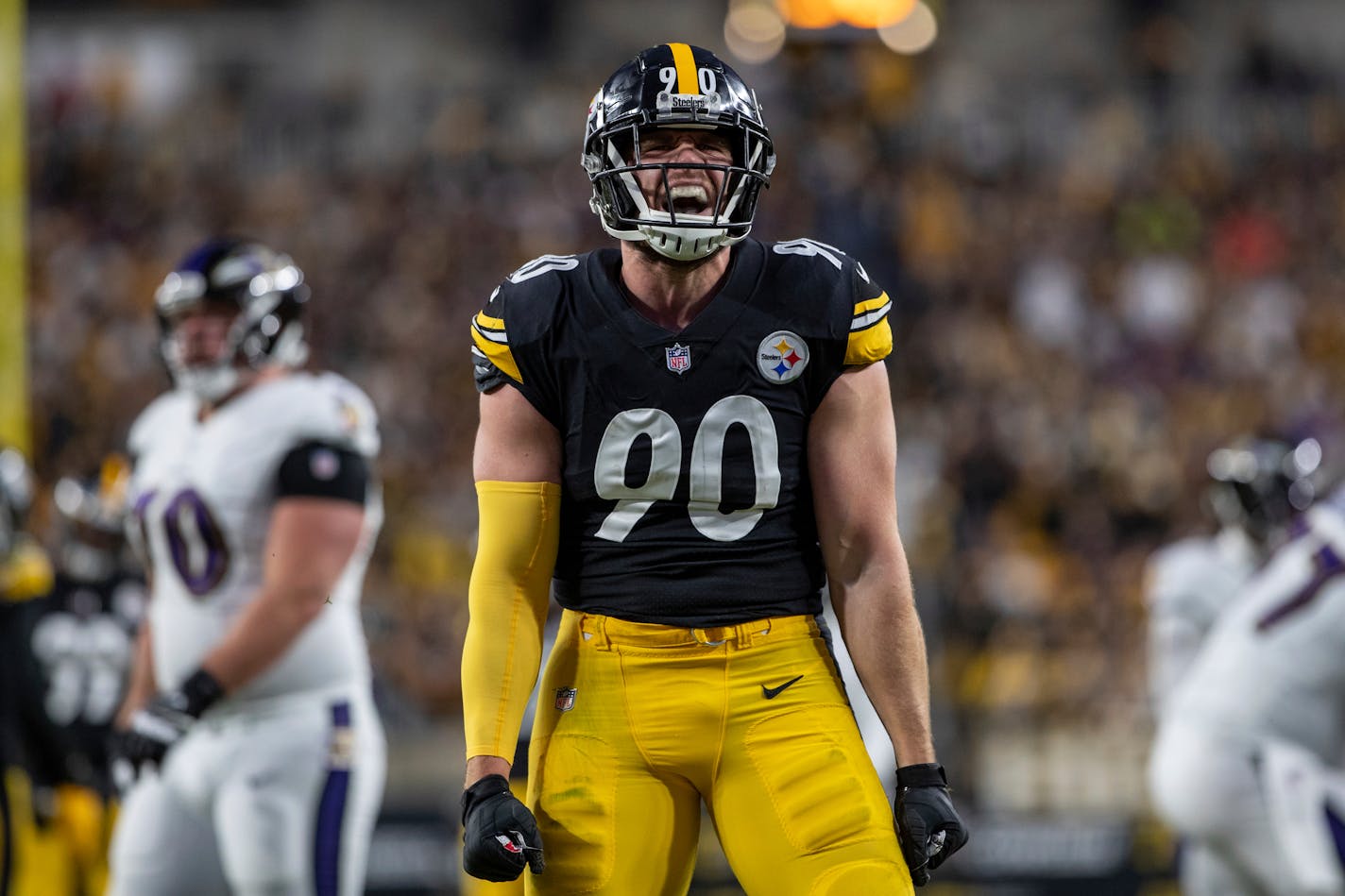 Pittsburgh Steelers outside linebacker T.J. Watt (90) celebrates after a sack during an NFL football game, Sunday, December 5, 2021 in Pittsburgh. (AP Photo/Matt Durisko)