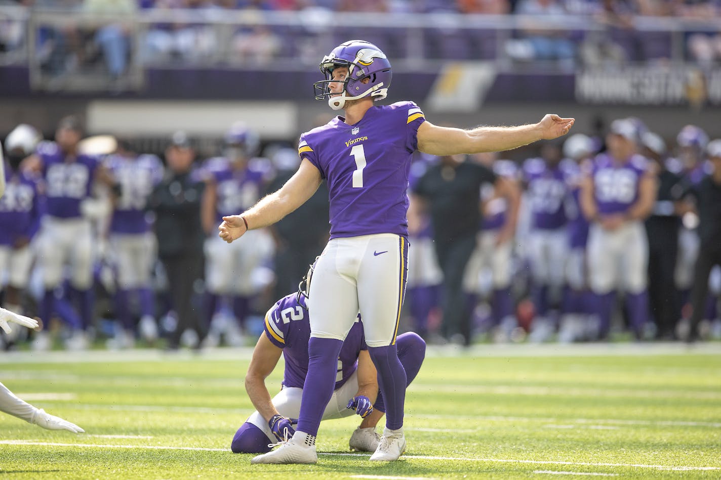 Vikings kicker Greg Joseph scored the second field goal in the second inning as the Vikings took on the Broncos at US Bank Stadium, Saturday, August 14, 2021 in Minneapolis, MN. ] ELIZABETH FLORES • liz.flores@startribune.com