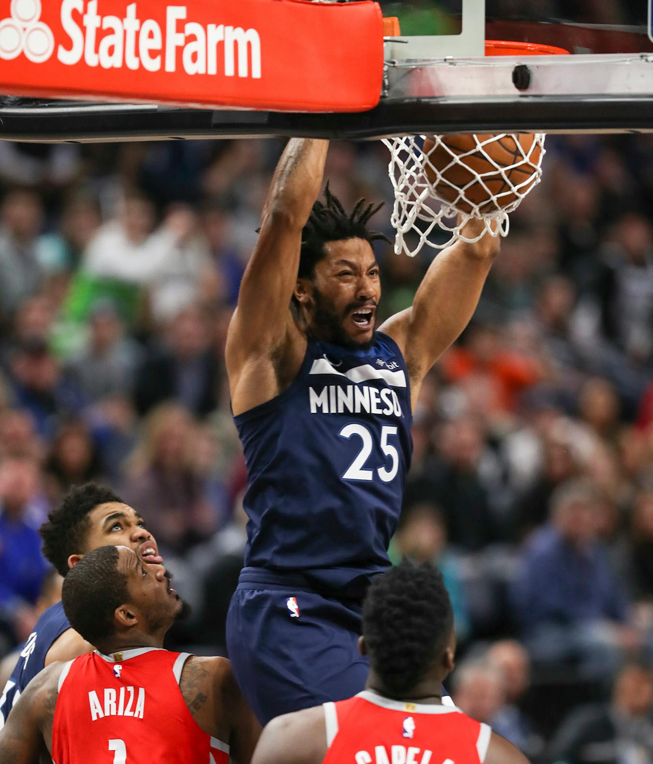 Minnesota Timberwolves guard Derrick Rose dunked shortly after a scuffle between the Wolves' Gorgui Dieng and the Rockets' Gerald Green sparked a rally by the Wolves in the fourth quarter.