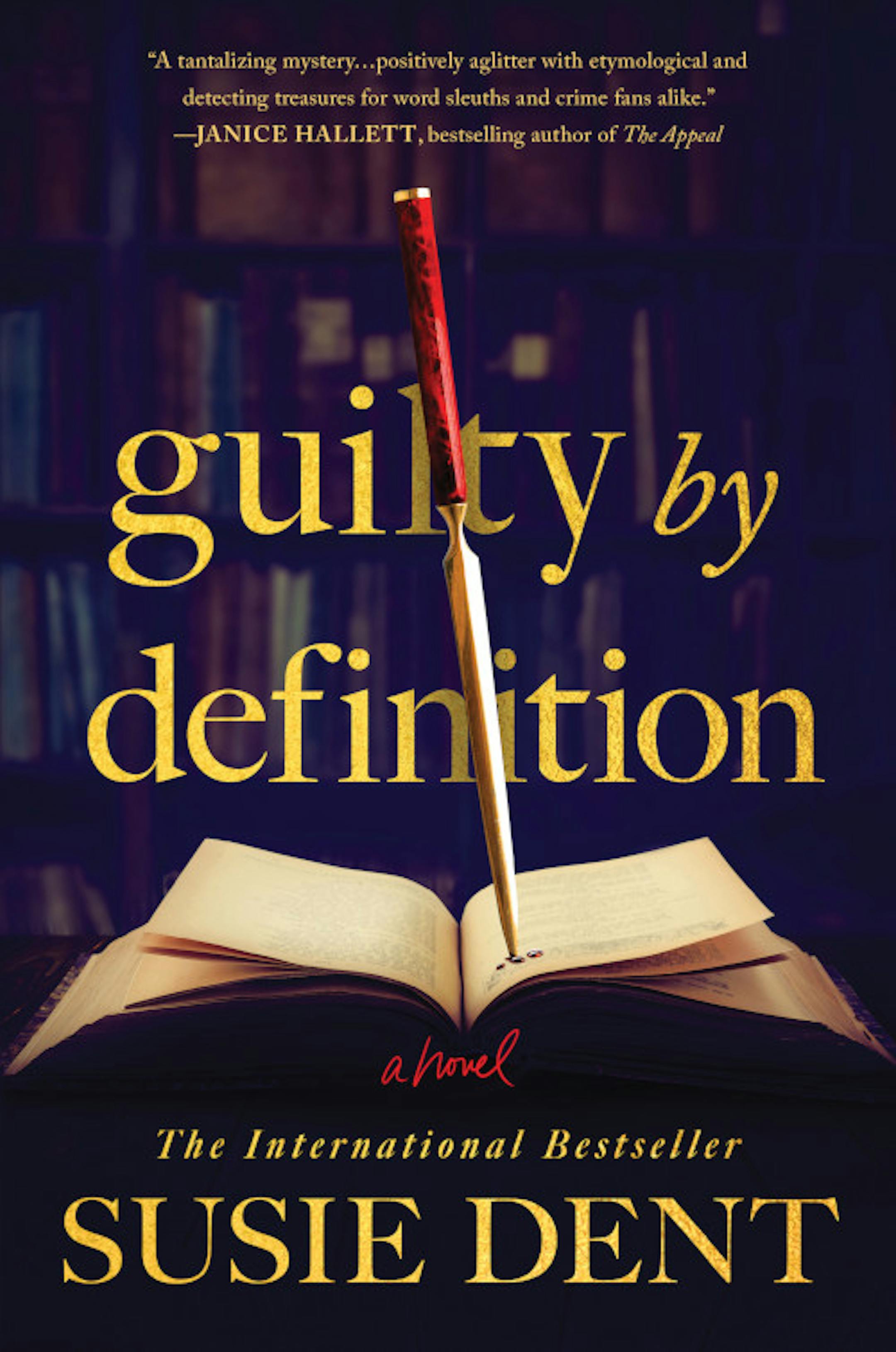 cover of Guilty by Definition is an illustration of an opened book, with an upright knife spearing its pages, and a bookcase in the background