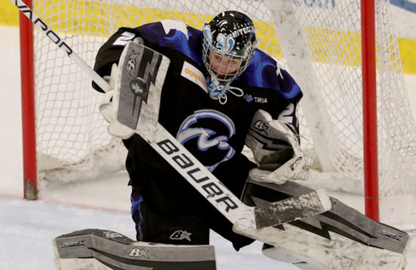 Minnesota Whitecaps goalie Amanda Leveille (29) makes a save during the first period of their game with the Metropolitan Riveters during the NWHL semifinals Friday, March 15, 2019, at Tria Rink in St. Paul, MN.]